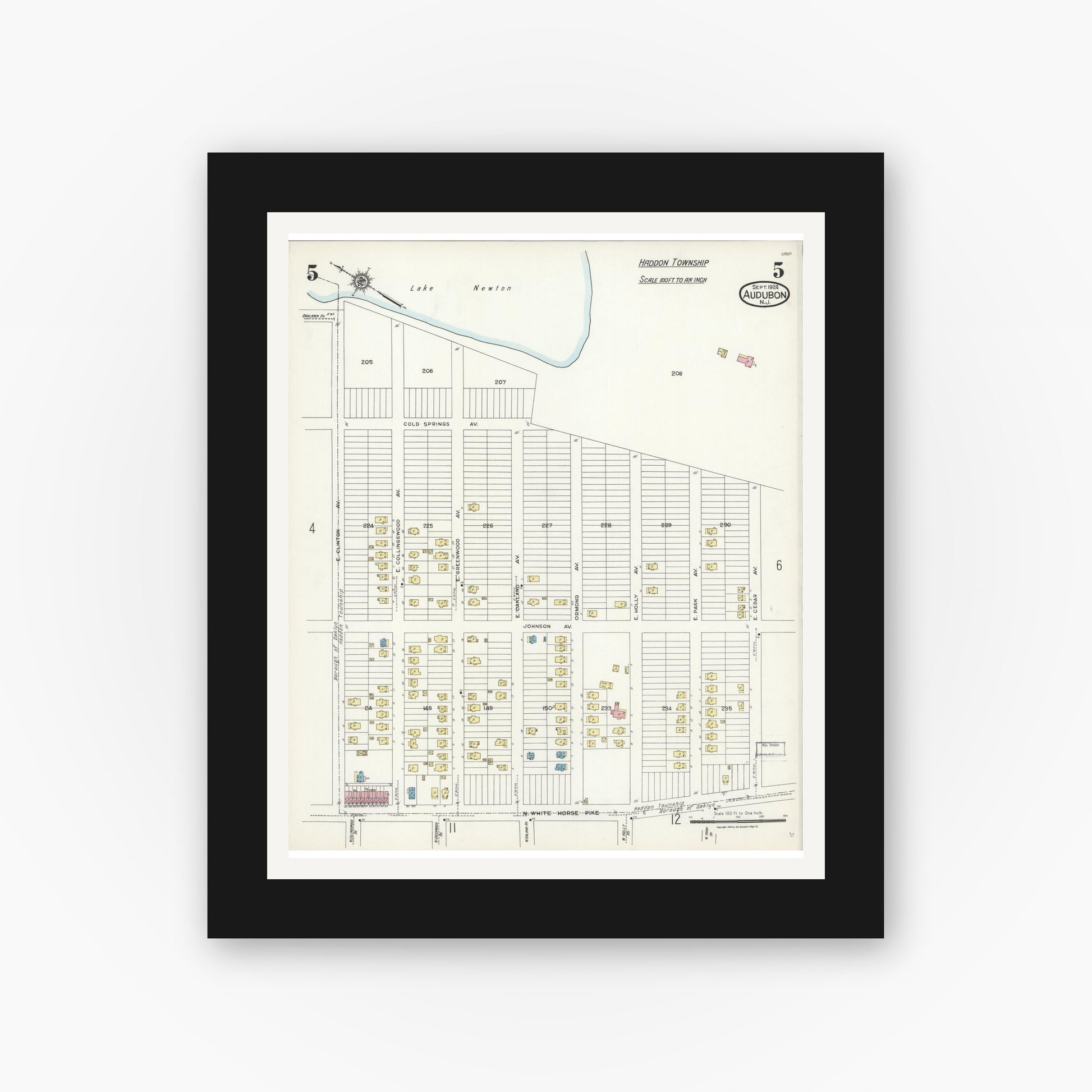 Old map wall art mockup — black gallery frame with white mat — Sanborn Fire Insurance Map from Audubon, Camden County, New Jersey (1924), Sheet #0005