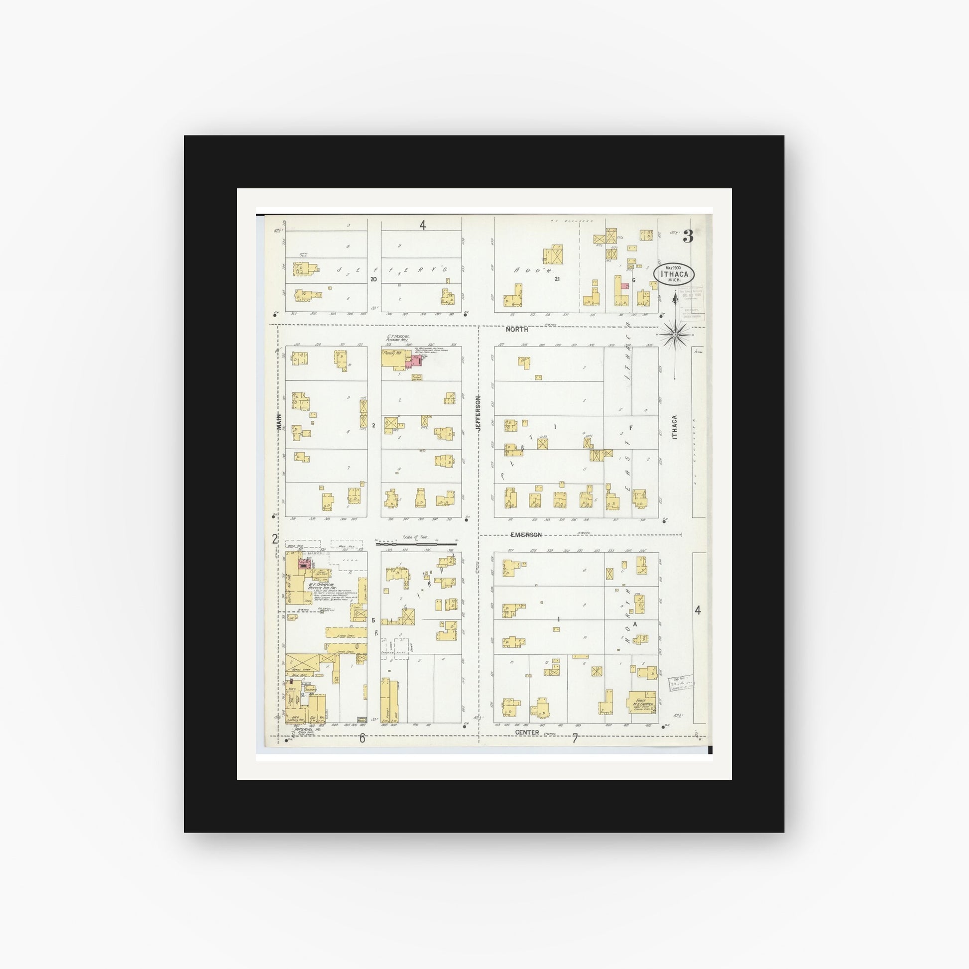 Old map wall art mockup — black gallery frame with white mat — Sanborn Fire Insurance Map from Ithaca, Gratiot County, Michigan (1900), Sheet #0003