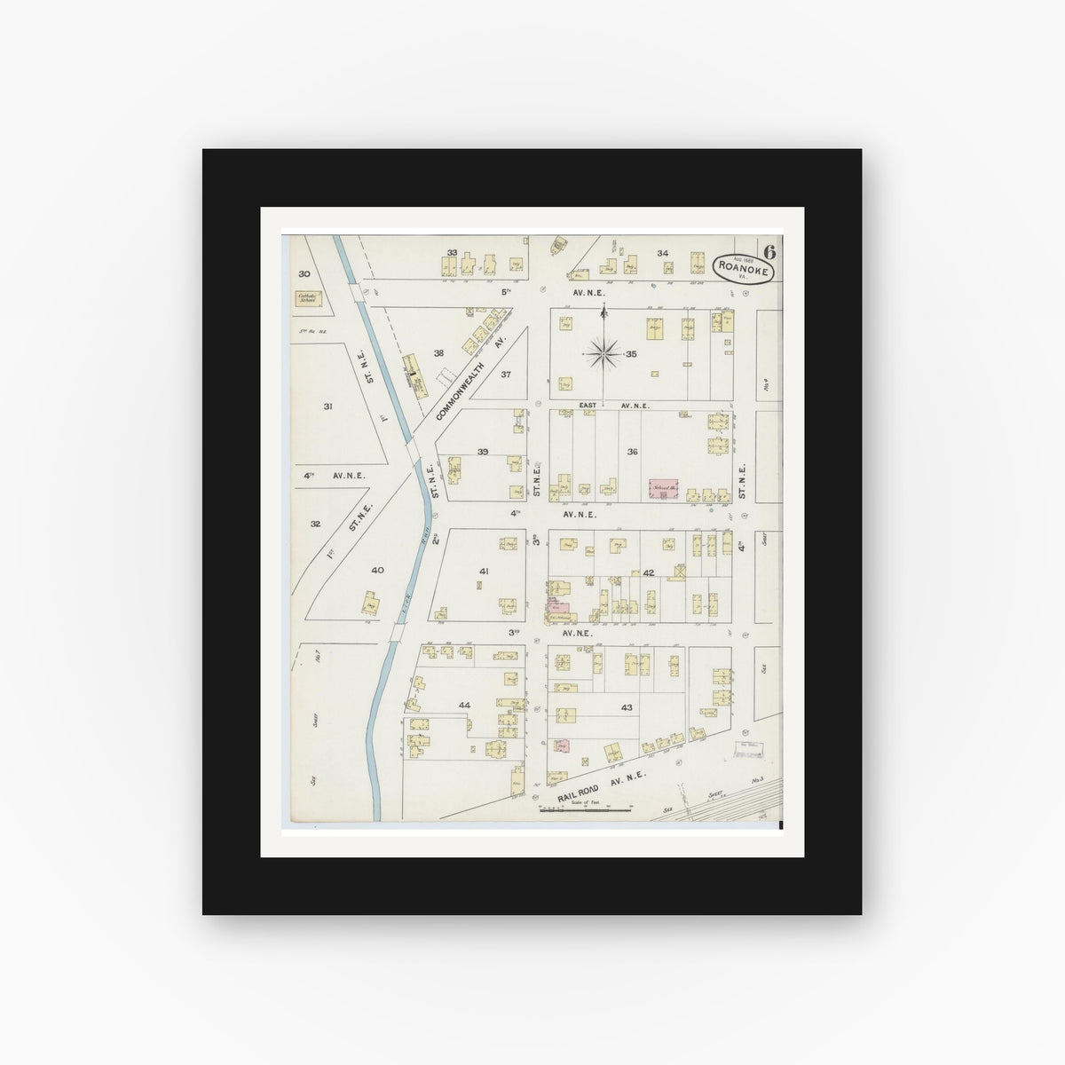 Old map wall art mockup — black gallery frame with white mat — Sanborn Fire Insurance Map from Roanoke, Independent Cities, Virginia (1889), Sheet #0006