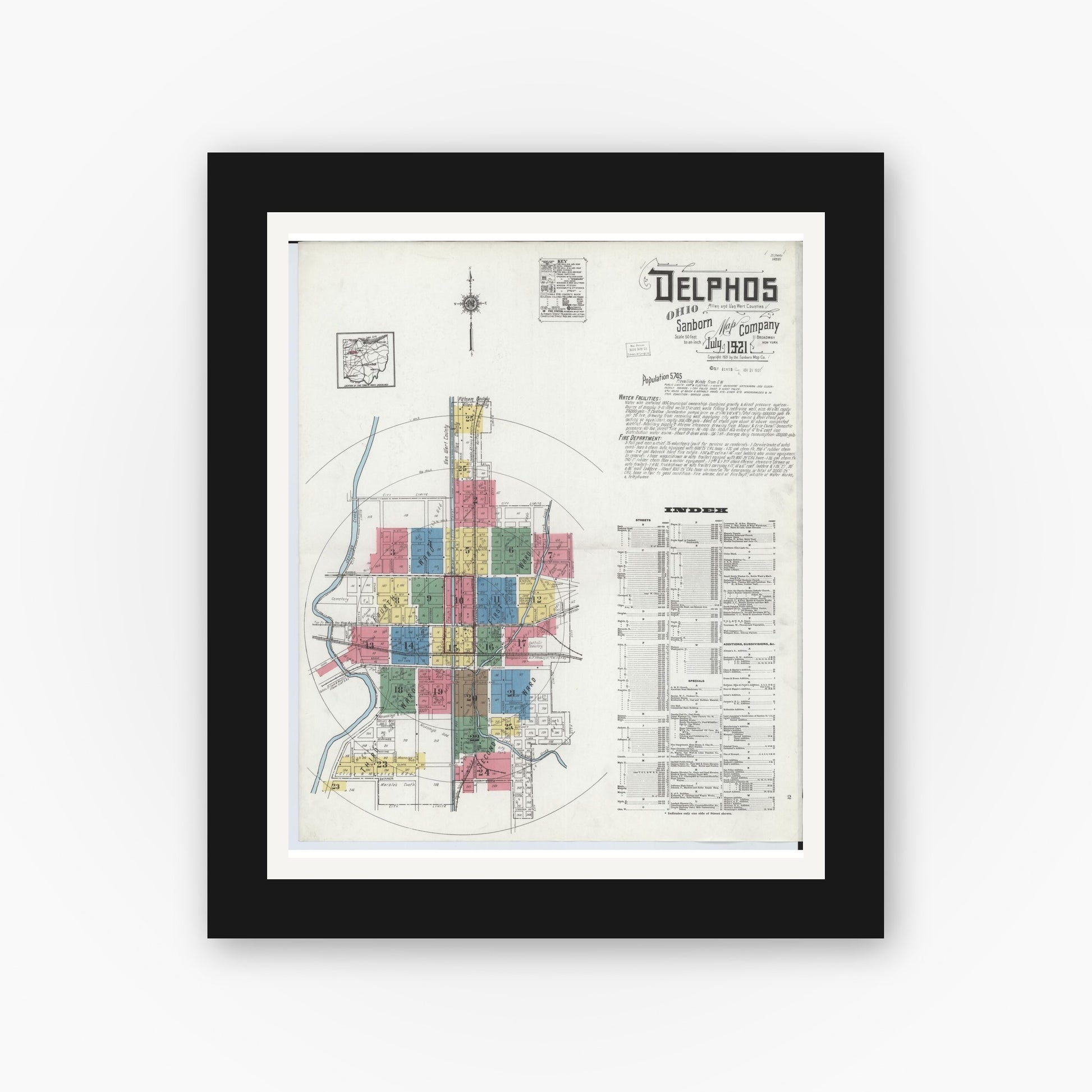 Old map wall art mockup — black gallery frame with white mat — Sanborn Fire Insurance Map from Delphos, Van Wert And Allen Counties, Ohio (1921) - Complete Map Set