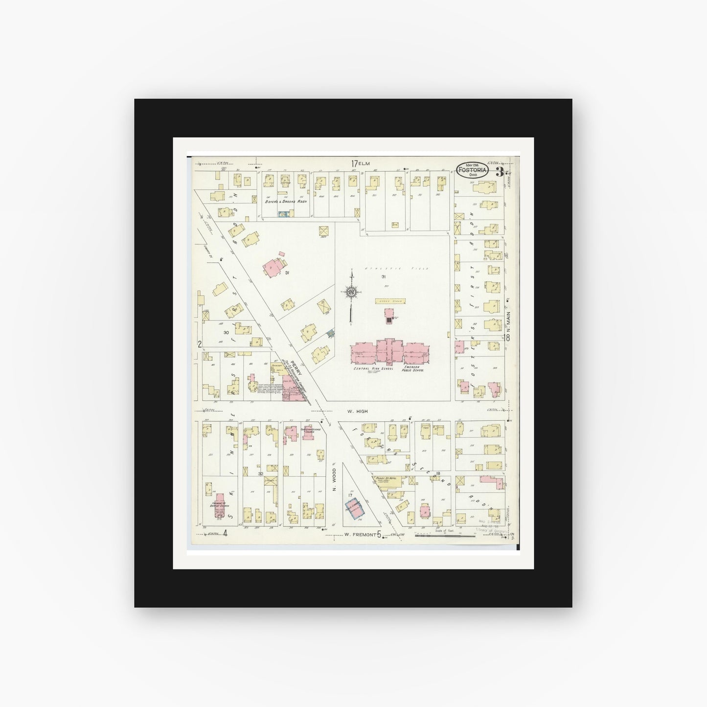 Old map wall art mockup — black gallery frame with white mat — Sanborn Fire Insurance Map from Fostoria, Seneca, Hancock, And Wood Counties, Ohio (1914), Sheet #0003