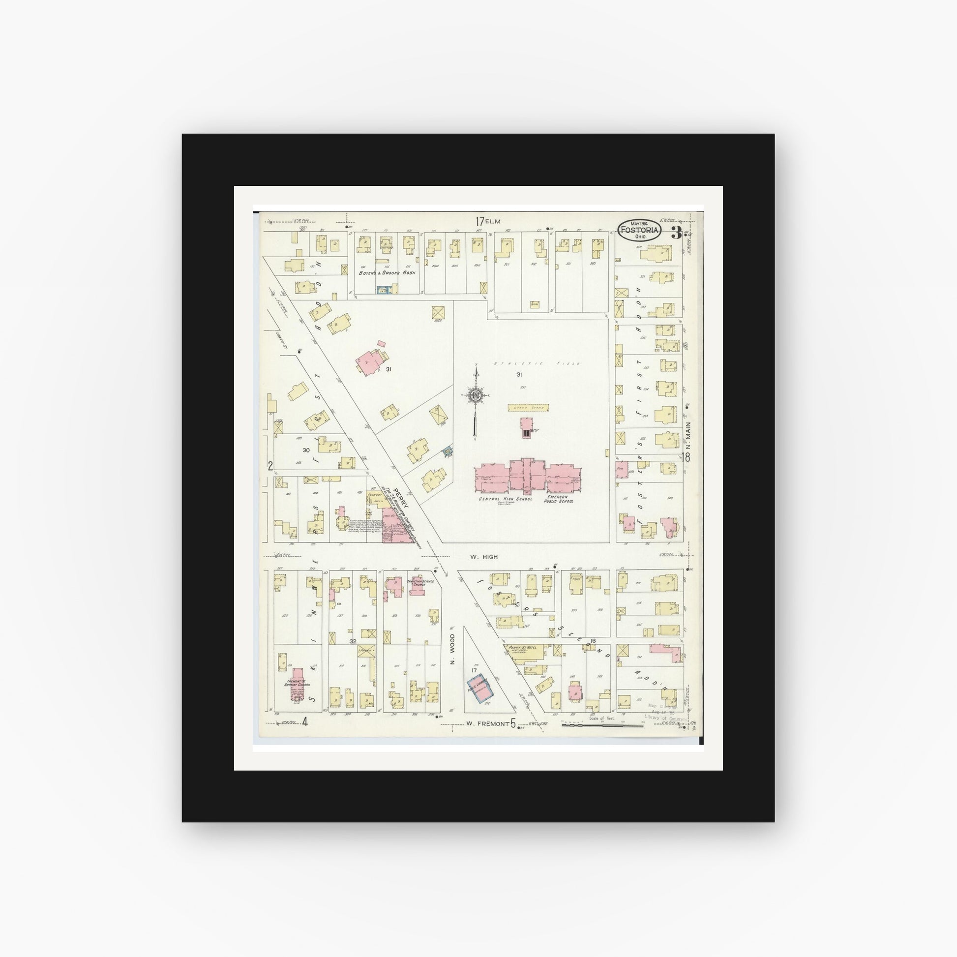 Old map wall art mockup — black gallery frame with white mat — Sanborn Fire Insurance Map from Fostoria, Seneca, Hancock, And Wood Counties, Ohio (1914), Sheet #0003
