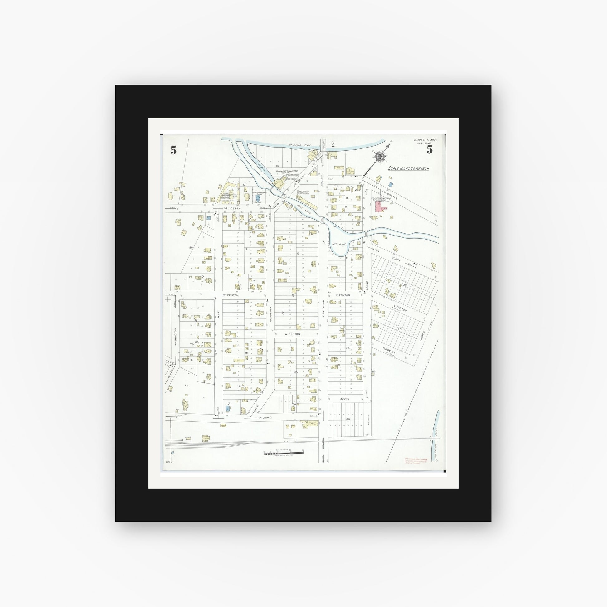 Old map wall art mockup — black gallery frame with white mat — Sanborn Fire Insurance Map from Union City, Branch And Calhoun Counties, Michigan (1940), Sheet #0005