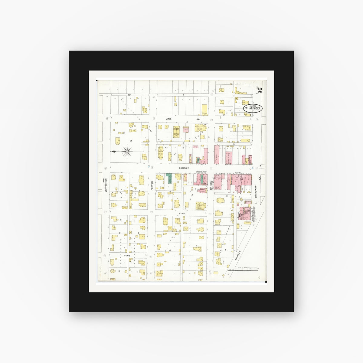 Old map wall art mockup — black gallery frame with white mat — Sanborn Fire Insurance Map from What Cheer, Keokuk County, Iowa (1906), Sheet #0002