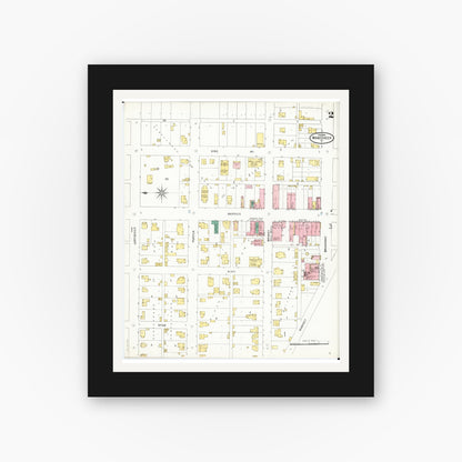 Old map wall art mockup — black gallery frame with white mat — Sanborn Fire Insurance Map from What Cheer, Keokuk County, Iowa (1906), Sheet #0002