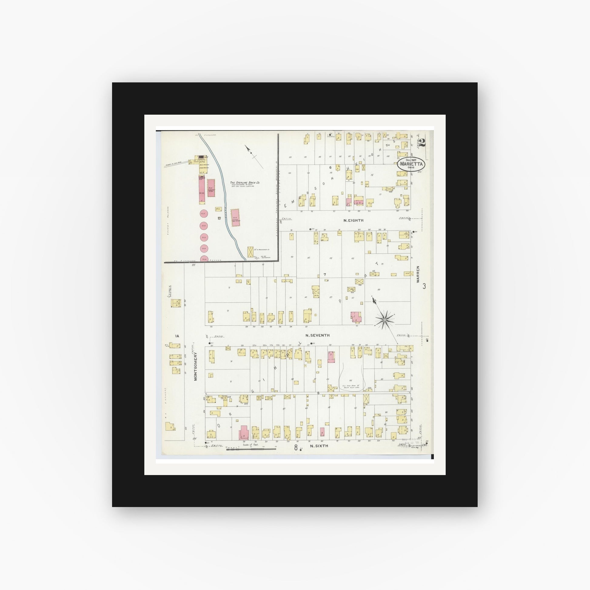 Old map wall art mockup — black gallery frame with white mat — Sanborn Fire Insurance Map from Marietta, Washington County, Ohio (1907), Sheet #0002