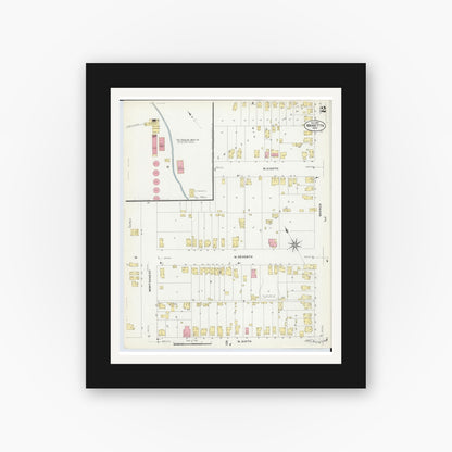 Old map wall art mockup — black gallery frame with white mat — Sanborn Fire Insurance Map from Marietta, Washington County, Ohio (1907), Sheet #0002