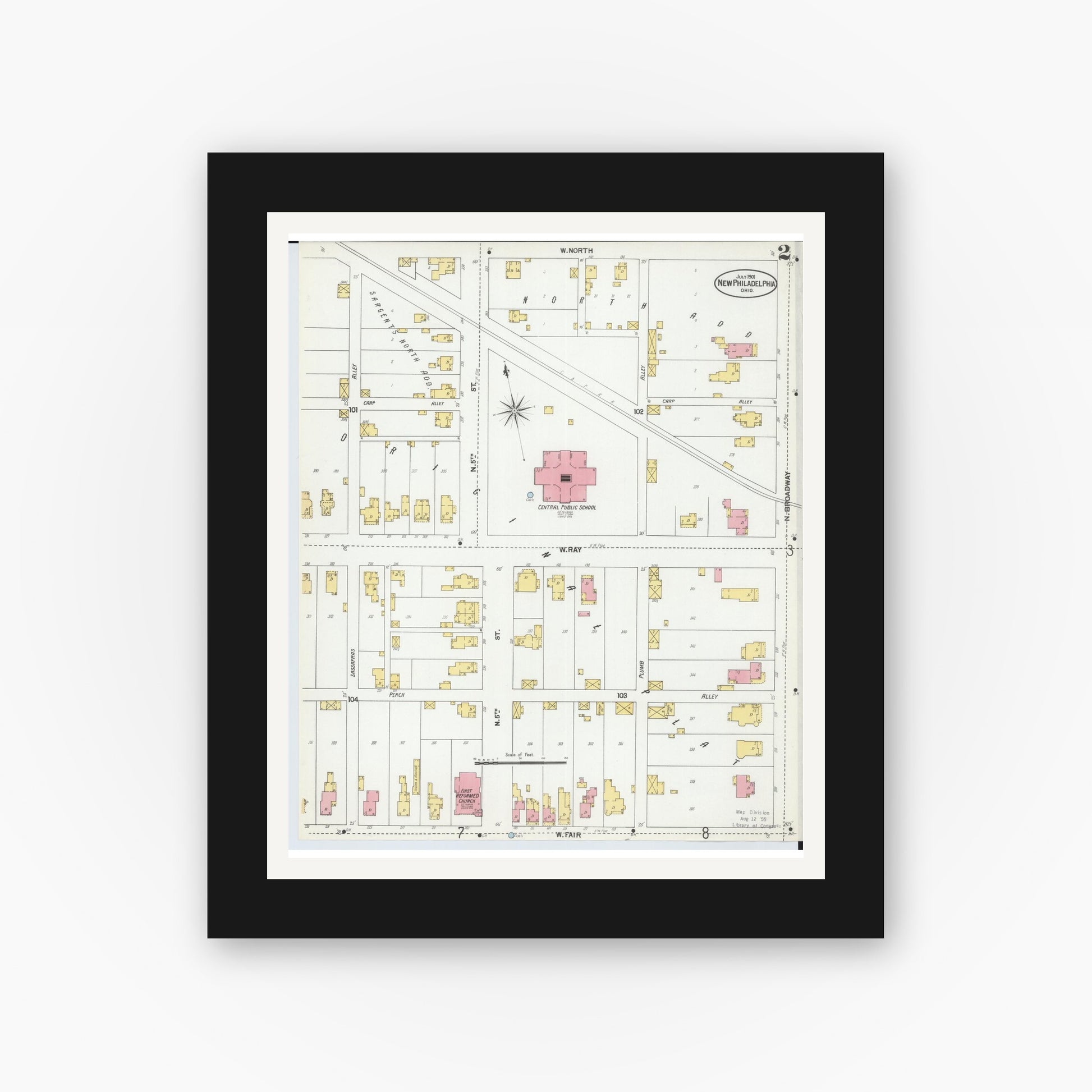 Old map wall art mockup — black gallery frame with white mat — Sanborn Fire Insurance Map from New Philadelphia, Tuscarawas County, Ohio (1901), Sheet #0002