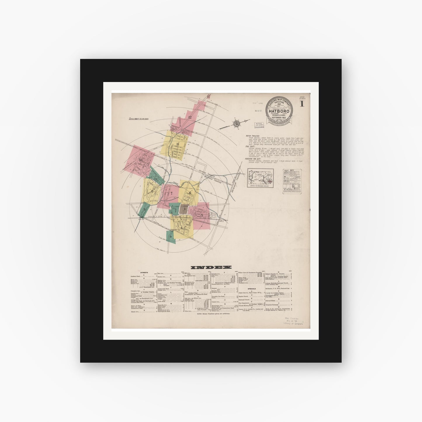 Old map wall art mockup — black gallery frame with white mat — Sanborn Fire Insurance Map from Hatboro, Montgomery County, Pennsylvania (1922), Sheet #0001