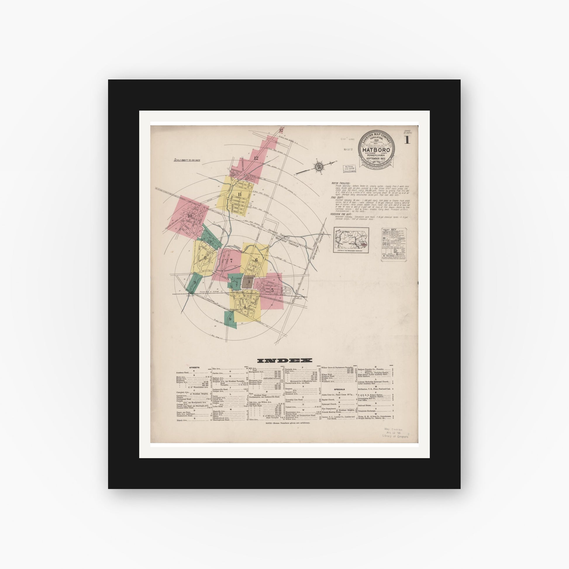 Old map wall art mockup — black gallery frame with white mat — Sanborn Fire Insurance Map from Hatboro, Montgomery County, Pennsylvania (1922), Sheet #0001
