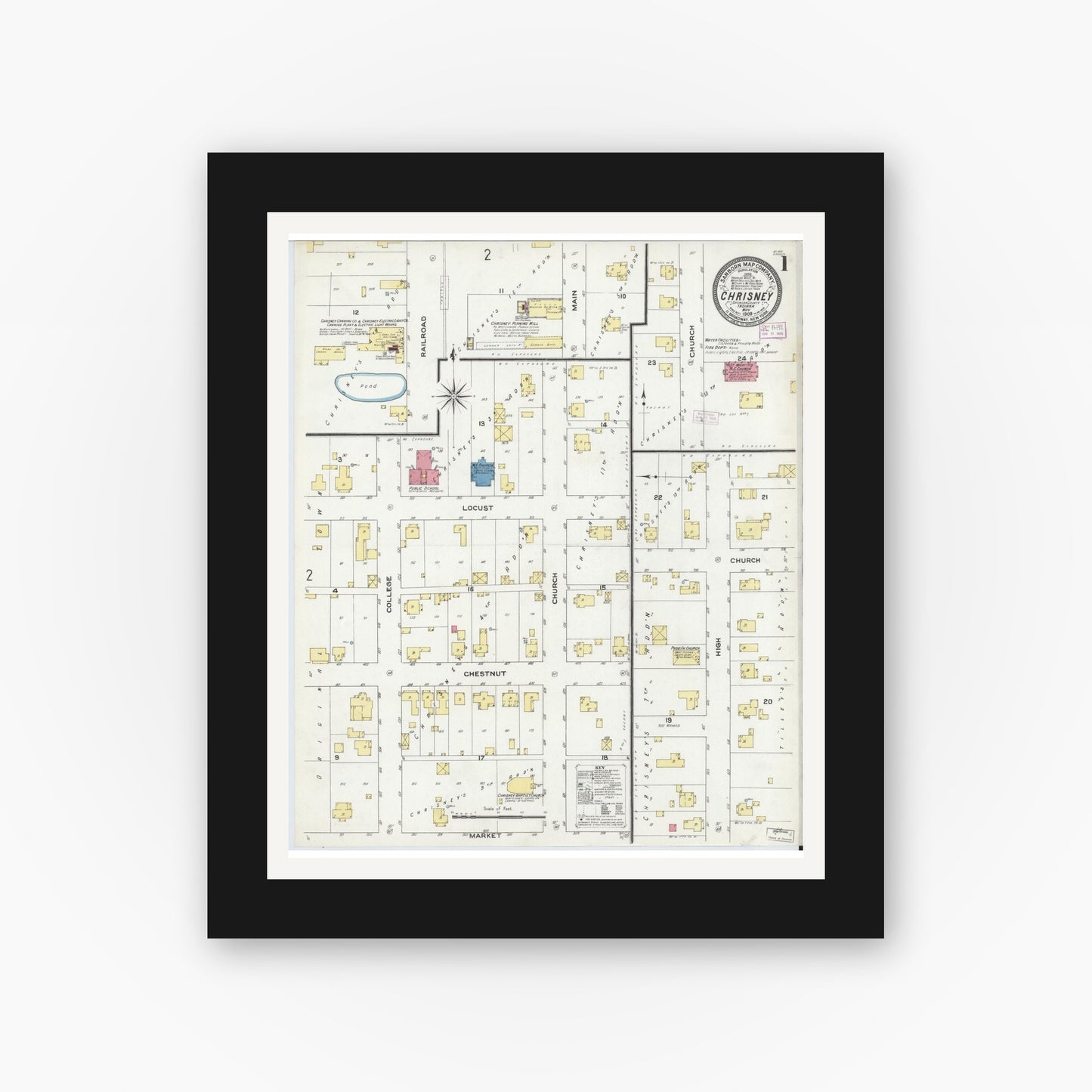 Old map wall art mockup — black gallery frame with white mat — Sanborn Fire Insurance Map from Chrisney, Spencer County, Indiana (1909) - Complete Map Set