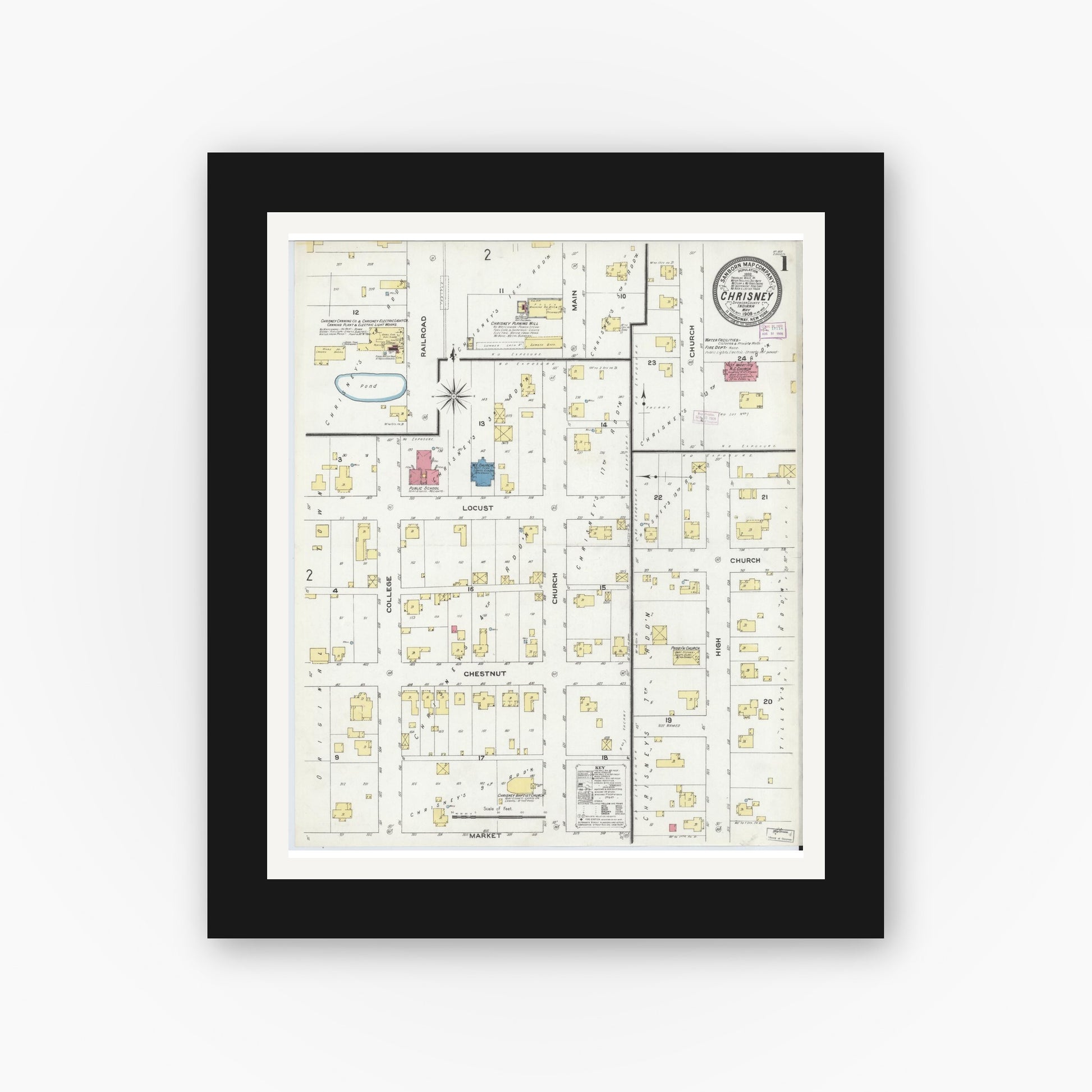 Old map wall art mockup — black gallery frame with white mat — Sanborn Fire Insurance Map from Chrisney, Spencer County, Indiana (1909) - Complete Map Set