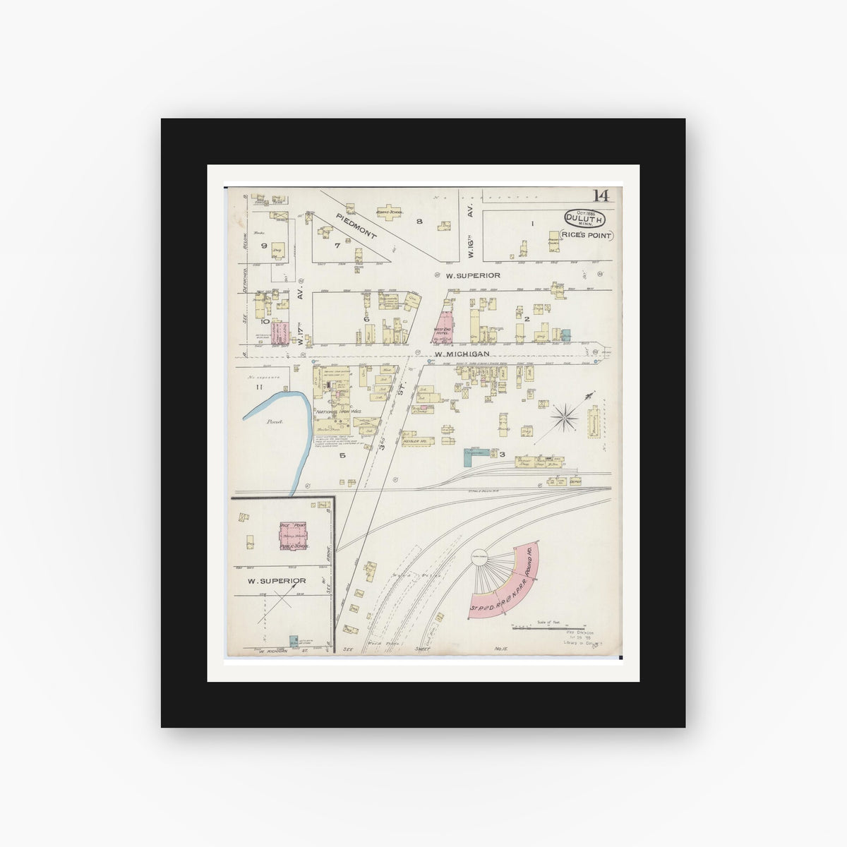 Old map wall art mockup — black gallery frame with white mat — Sanborn Fire Insurance Map from Duluth, Saint Louis County, Minnesota (1885), Sheet #0014