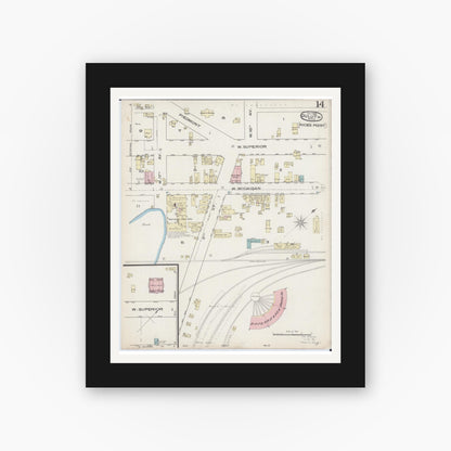 Old map wall art mockup — black gallery frame with white mat — Sanborn Fire Insurance Map from Duluth, Saint Louis County, Minnesota (1885), Sheet #0014