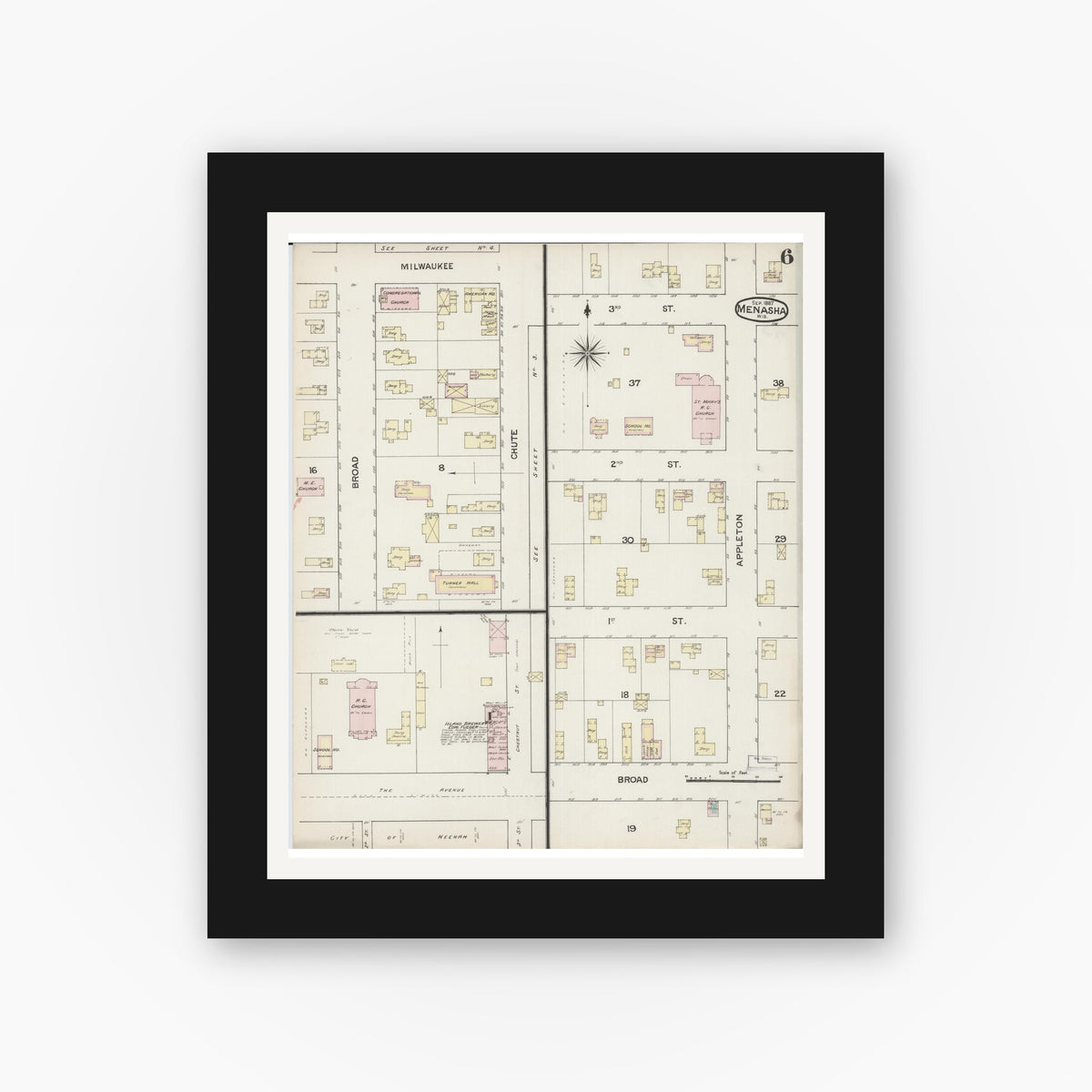 Old map wall art mockup — black gallery frame with white mat — Sanborn Fire Insurance Map from Menasha, Winnebago County, Wisconsin (1887), Sheet #0006