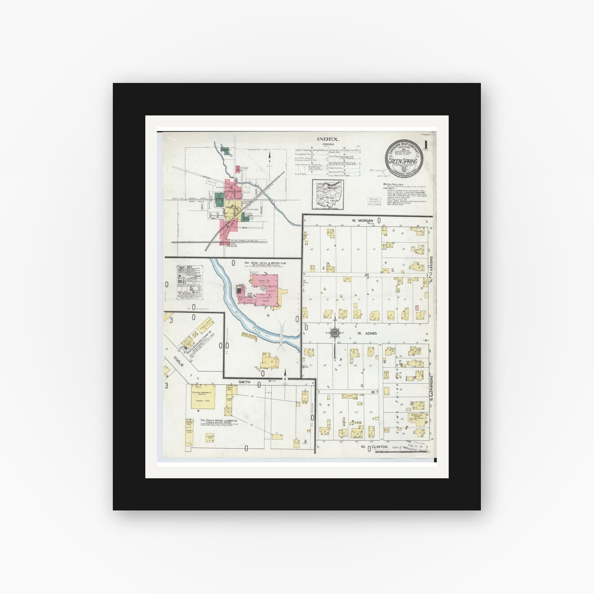 Old map wall art mockup — black gallery frame with white mat — Sanborn Fire Insurance Map from Green Springs, Sandusky And Seneca Counties, Ohio (1921), Sheet #0001