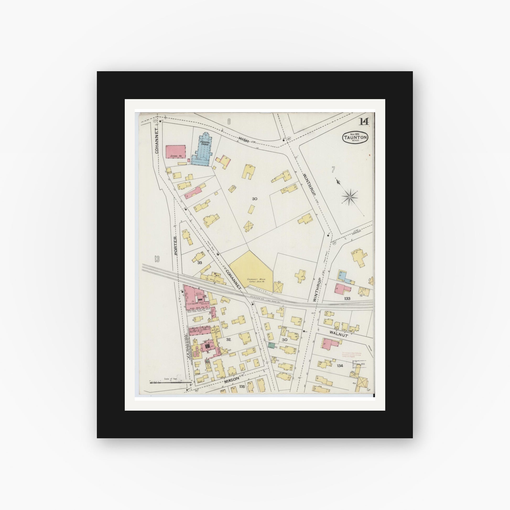 Old map wall art mockup — black gallery frame with white mat — Sanborn Fire Insurance Map from Taunton, Bristol County, Massachusetts (1893), Sheet #0014