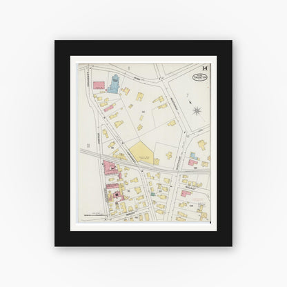 Old map wall art mockup — black gallery frame with white mat — Sanborn Fire Insurance Map from Taunton, Bristol County, Massachusetts (1893), Sheet #0014