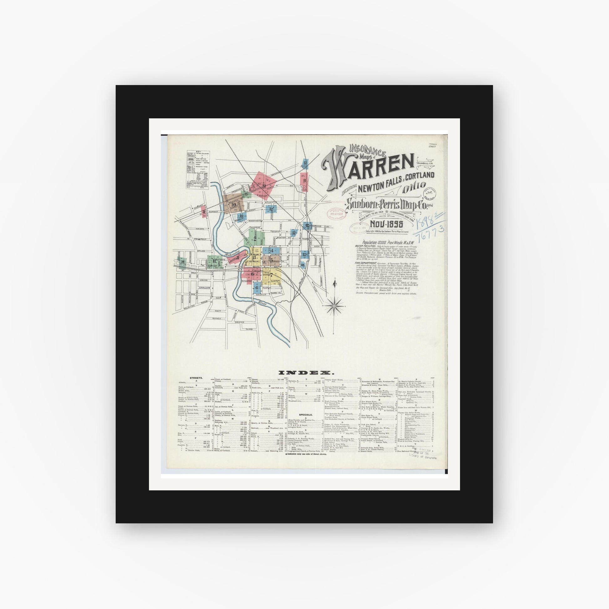 Old map wall art mockup — black gallery frame with white mat — Sanborn Fire Insurance Map from Warren, Trumbull County, Ohio (1898), Sheet #0001