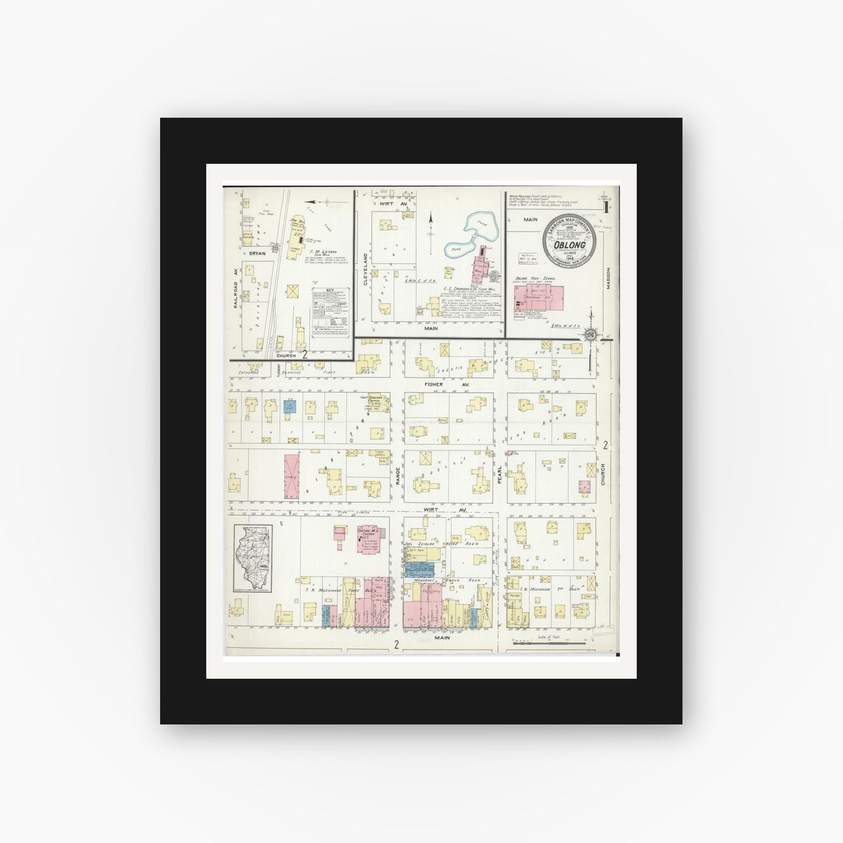 Old map wall art mockup — black gallery frame with white mat — Sanborn Fire Insurance Map from Oblong, Crawford County, Illinois (1914), Sheet #0001