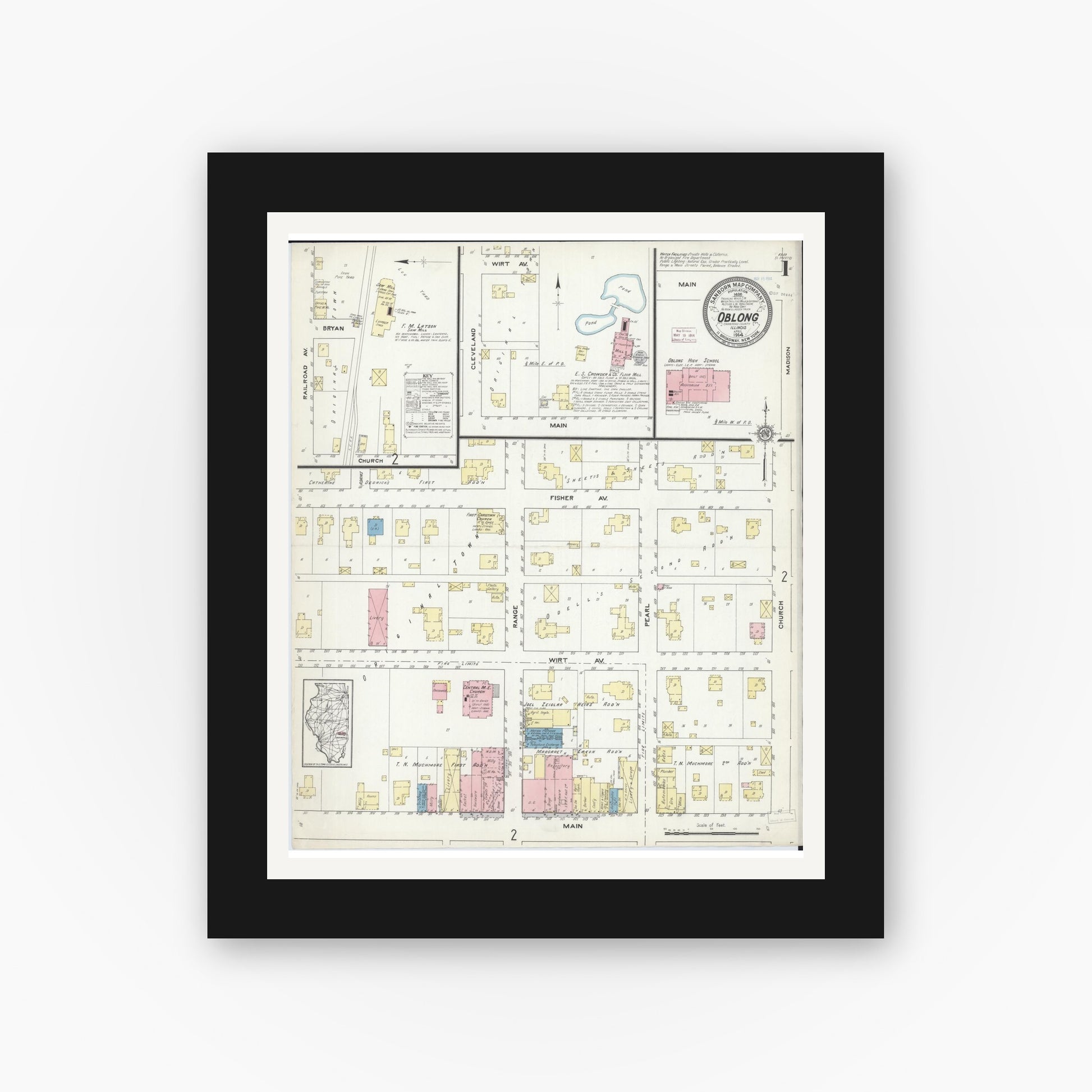 Old map wall art mockup — black gallery frame with white mat — Sanborn Fire Insurance Map from Oblong, Crawford County, Illinois (1914), Sheet #0001