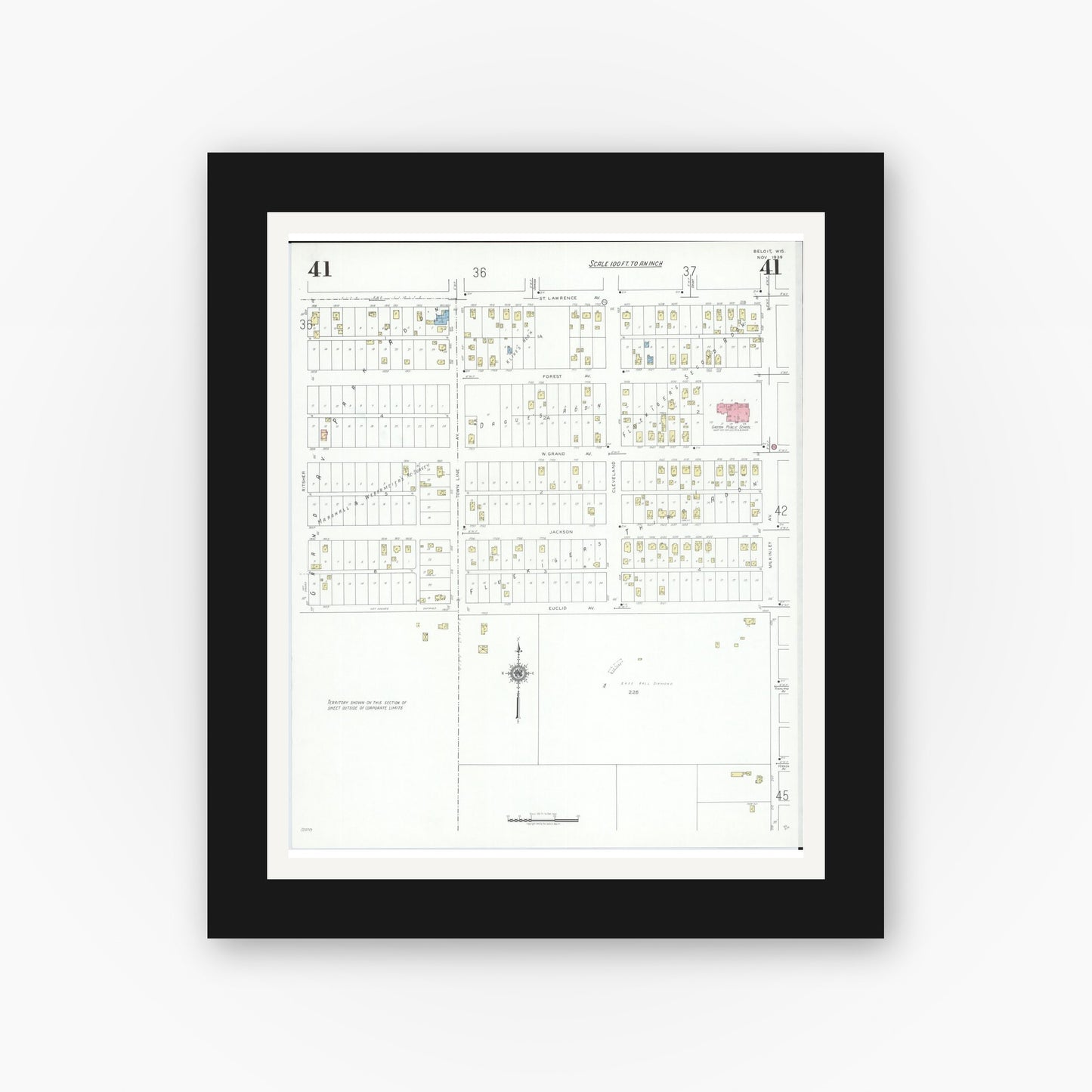 Old map wall art mockup — black gallery frame with white mat — Sanborn Fire Insurance Map from Beloit, Rock County, Wisconsin (1939), Sheet #0041