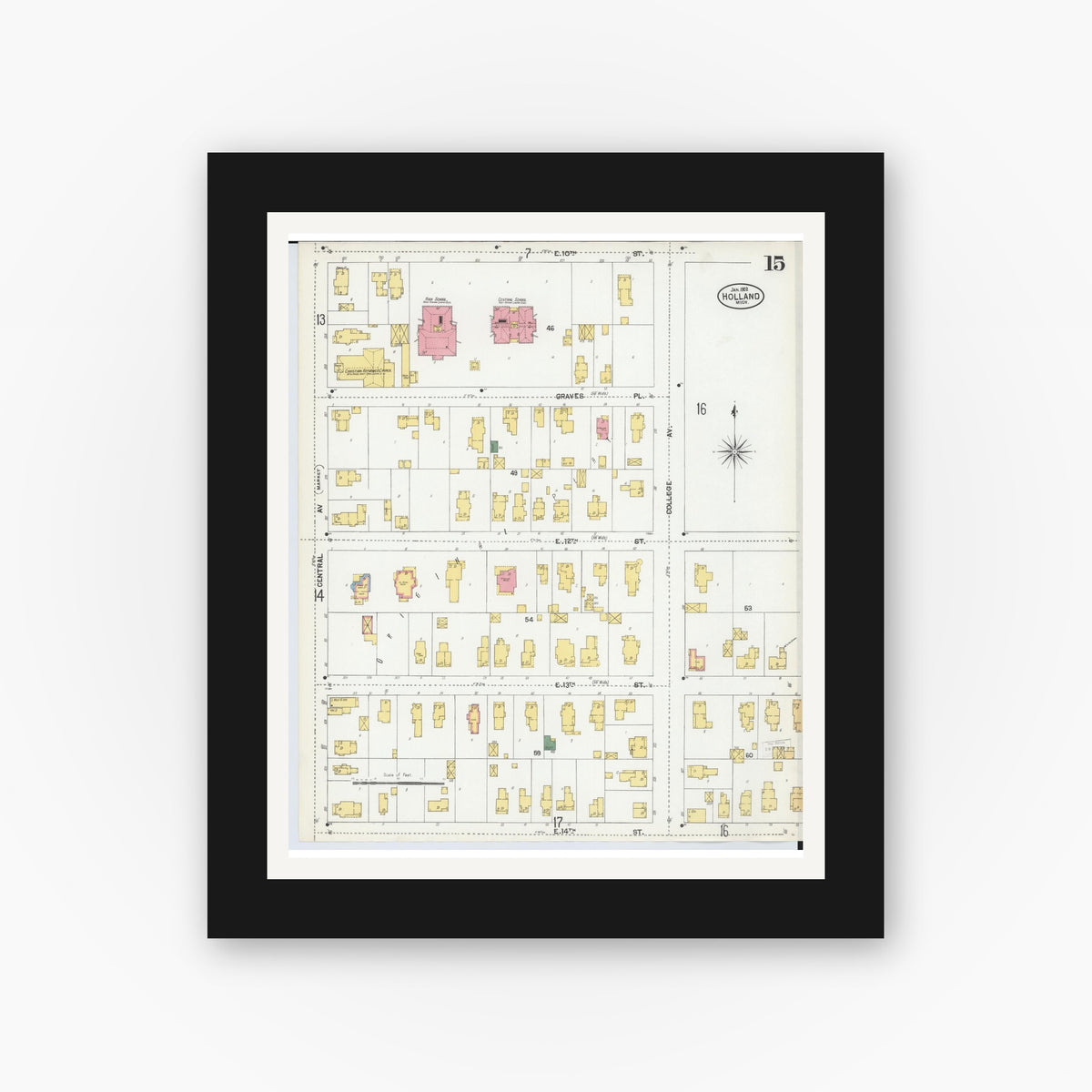 Old map wall art mockup — black gallery frame with white mat — Sanborn Fire Insurance Map from Holland, Ottawa County, Michigan (1902), Sheet #0015