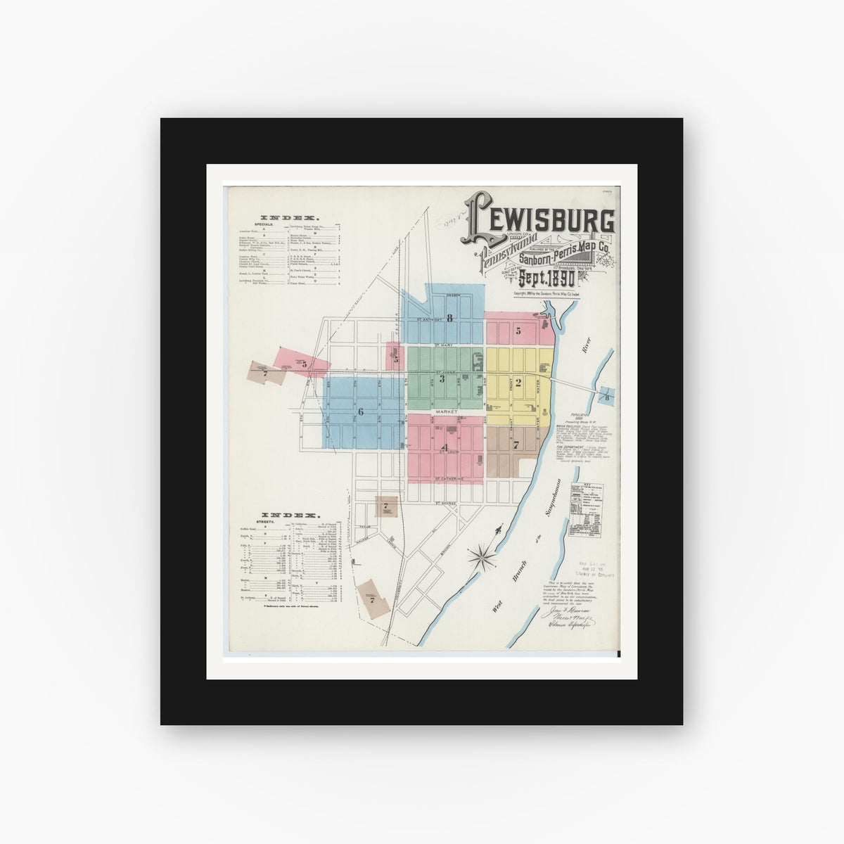 Old map wall art mockup — black gallery frame with white mat — Sanborn Fire Insurance Map from Lewisburg, Union County, Pennsylvania (1890) - Complete Map Set