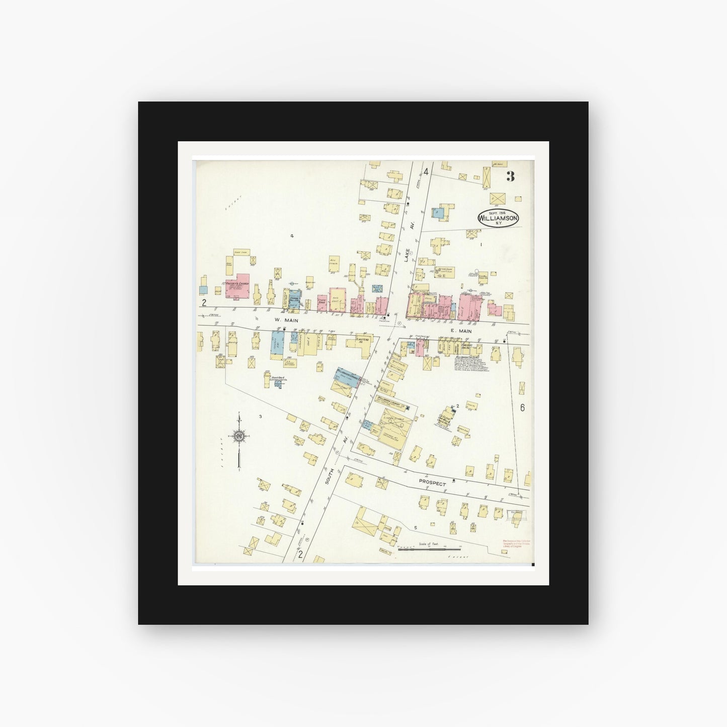 Old map wall art mockup — black gallery frame with white mat — Sanborn Fire Insurance Map from Williamson, Wayne County, New York (1914), Sheet #0003