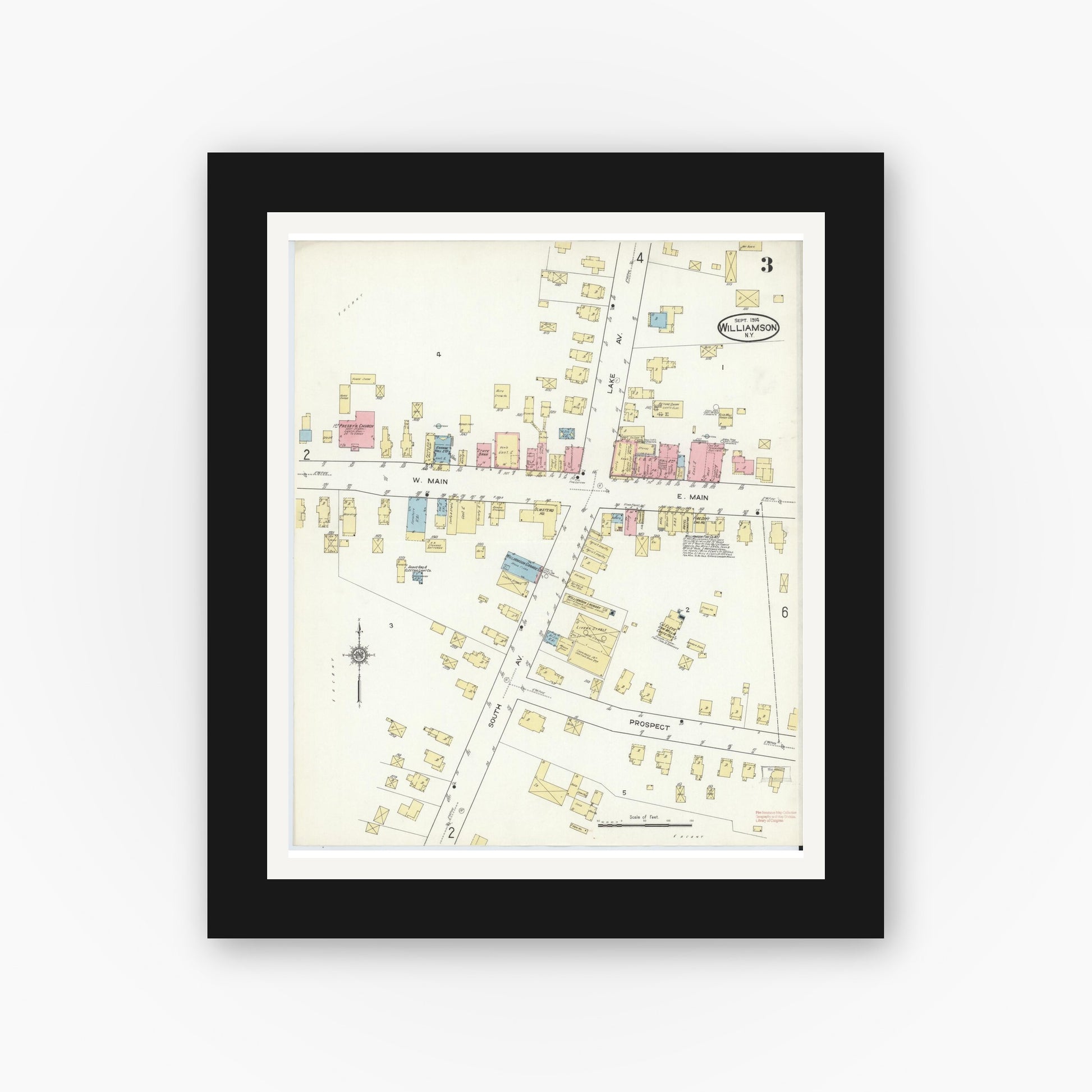 Old map wall art mockup — black gallery frame with white mat — Sanborn Fire Insurance Map from Williamson, Wayne County, New York (1914), Sheet #0003