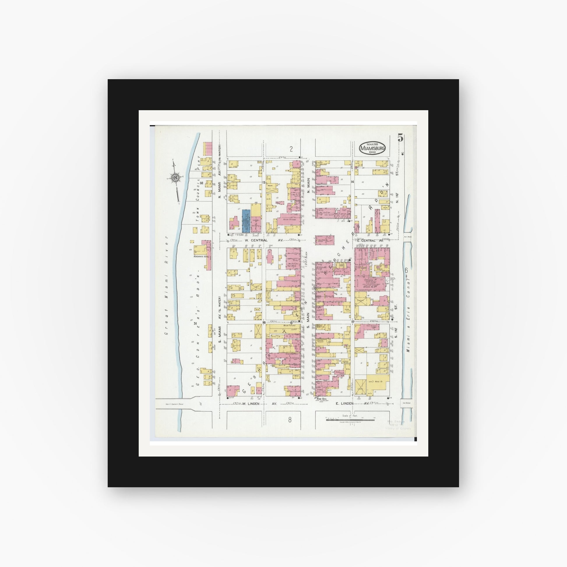 Old map wall art mockup — black gallery frame with white mat — Sanborn Fire Insurance Map from Miamisburg, Montgomery County, Ohio (1919), Sheet #0005