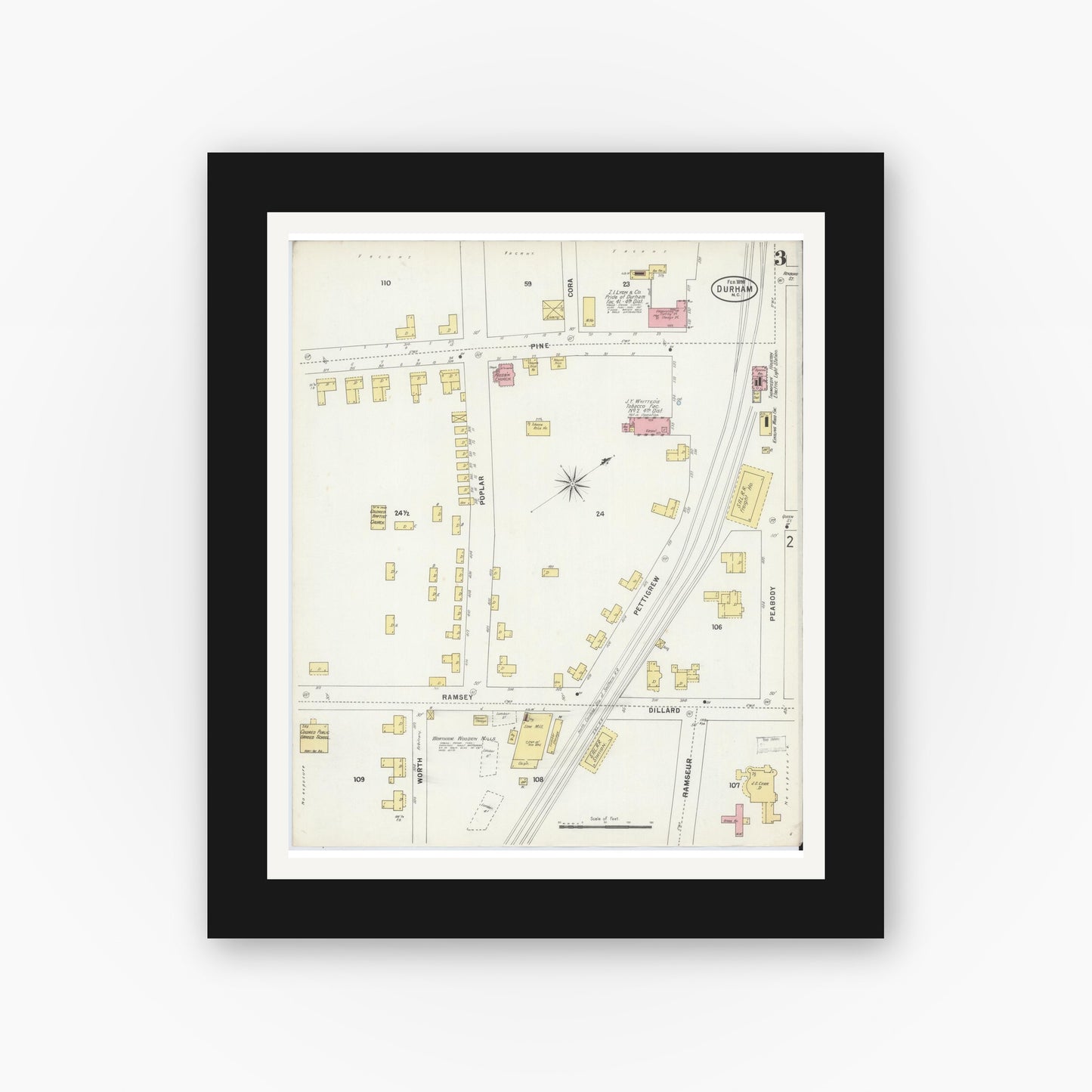 Old map wall art mockup — black gallery frame with white mat — Sanborn Fire Insurance Map from Durham, Durham County, North Carolina (1898), Sheet #0003