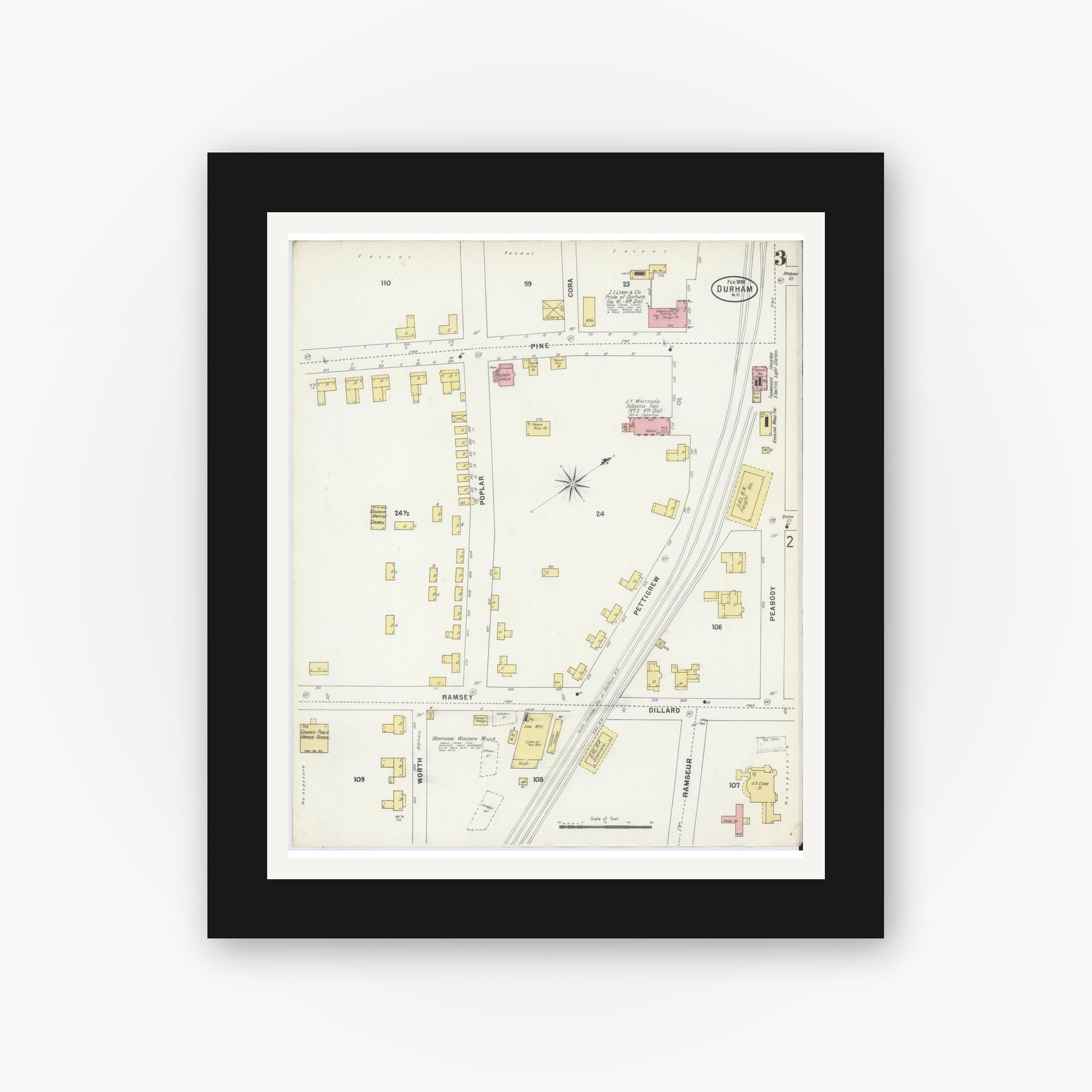 Old map wall art mockup — black gallery frame with white mat — Sanborn Fire Insurance Map from Durham, Durham County, North Carolina (1898), Sheet #0003