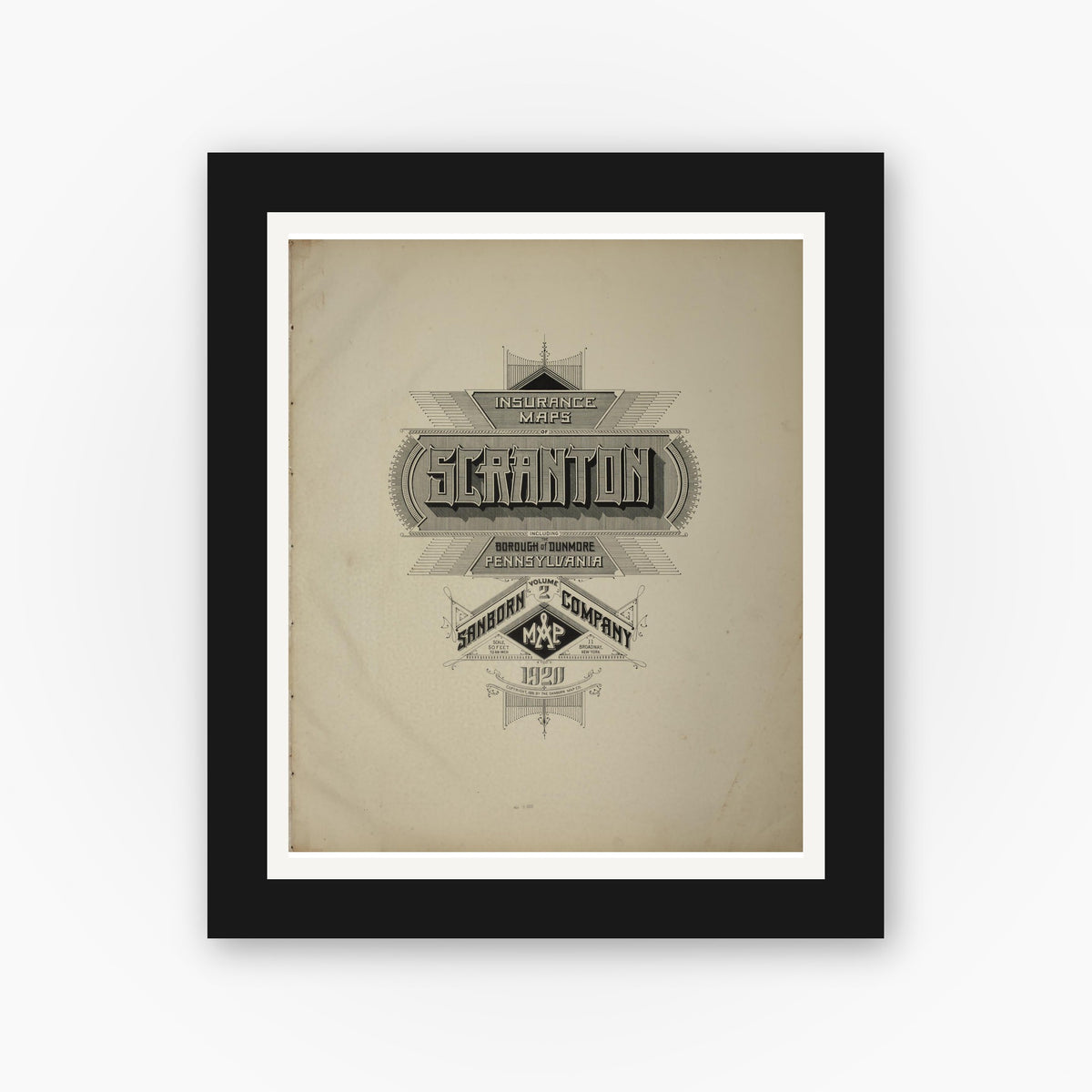 Old map wall art mockup — black gallery frame with white mat — Sanborn Fire Insurance Map from Scranton, Lackawanna County, Pennsylvania (1920), Sheet #0001