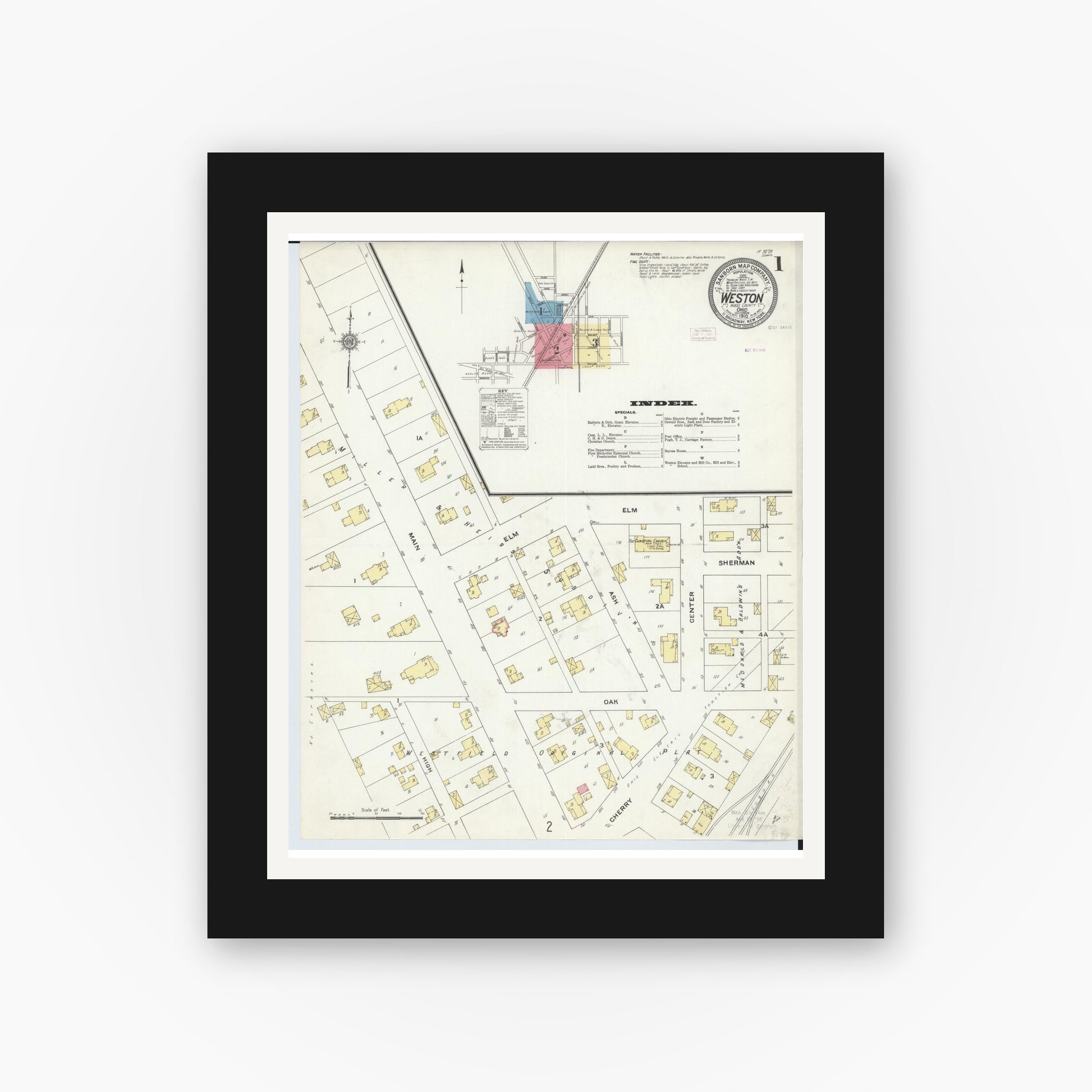 Old map wall art mockup — black gallery frame with white mat — Sanborn Fire Insurance Map from Weston, Wood County, Ohio (1910), Sheet #0001