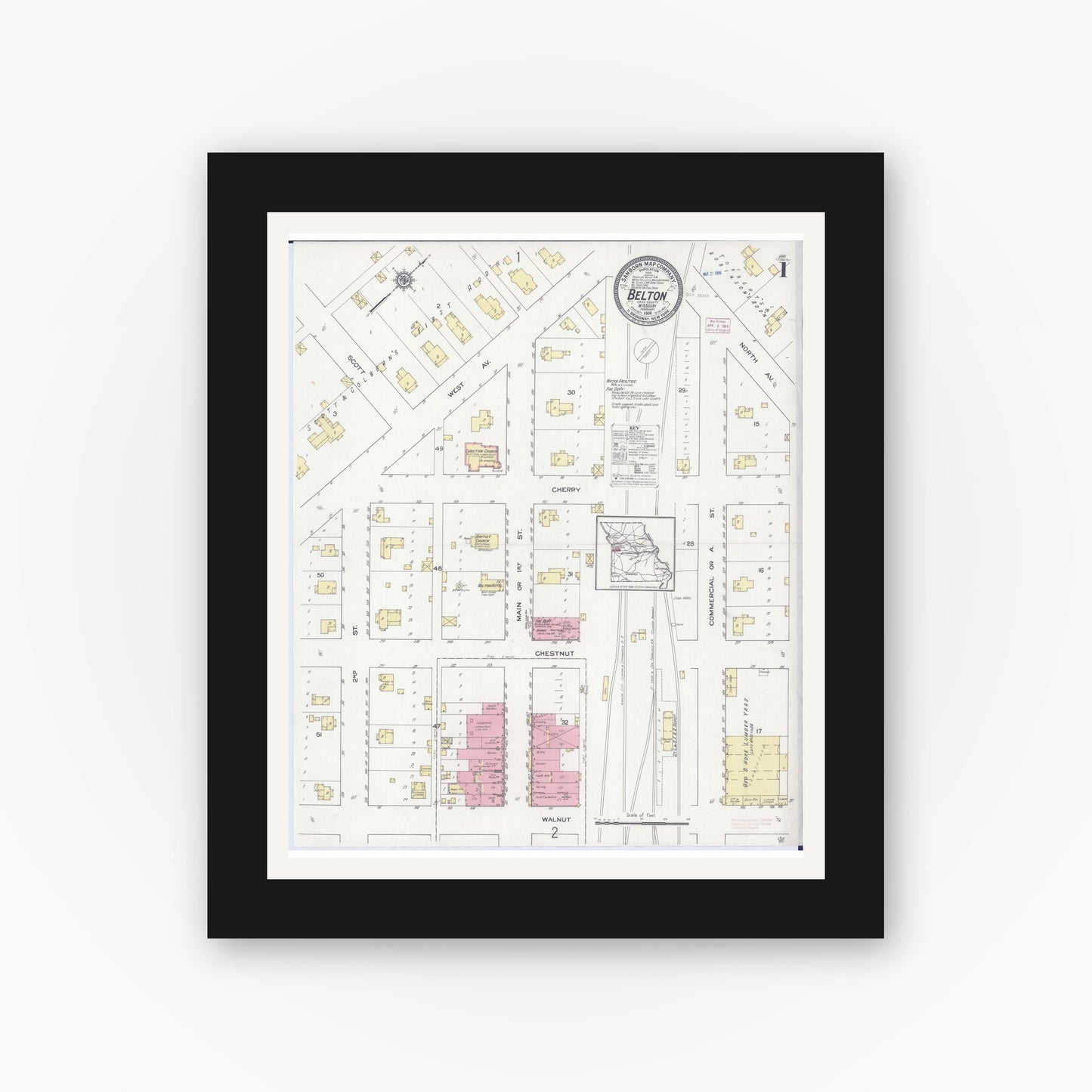 Old map wall art mockup — black gallery frame with white mat — Sanborn Fire Insurance Map from Belton, Cass County, Missouri (1914) - Complete Map Set