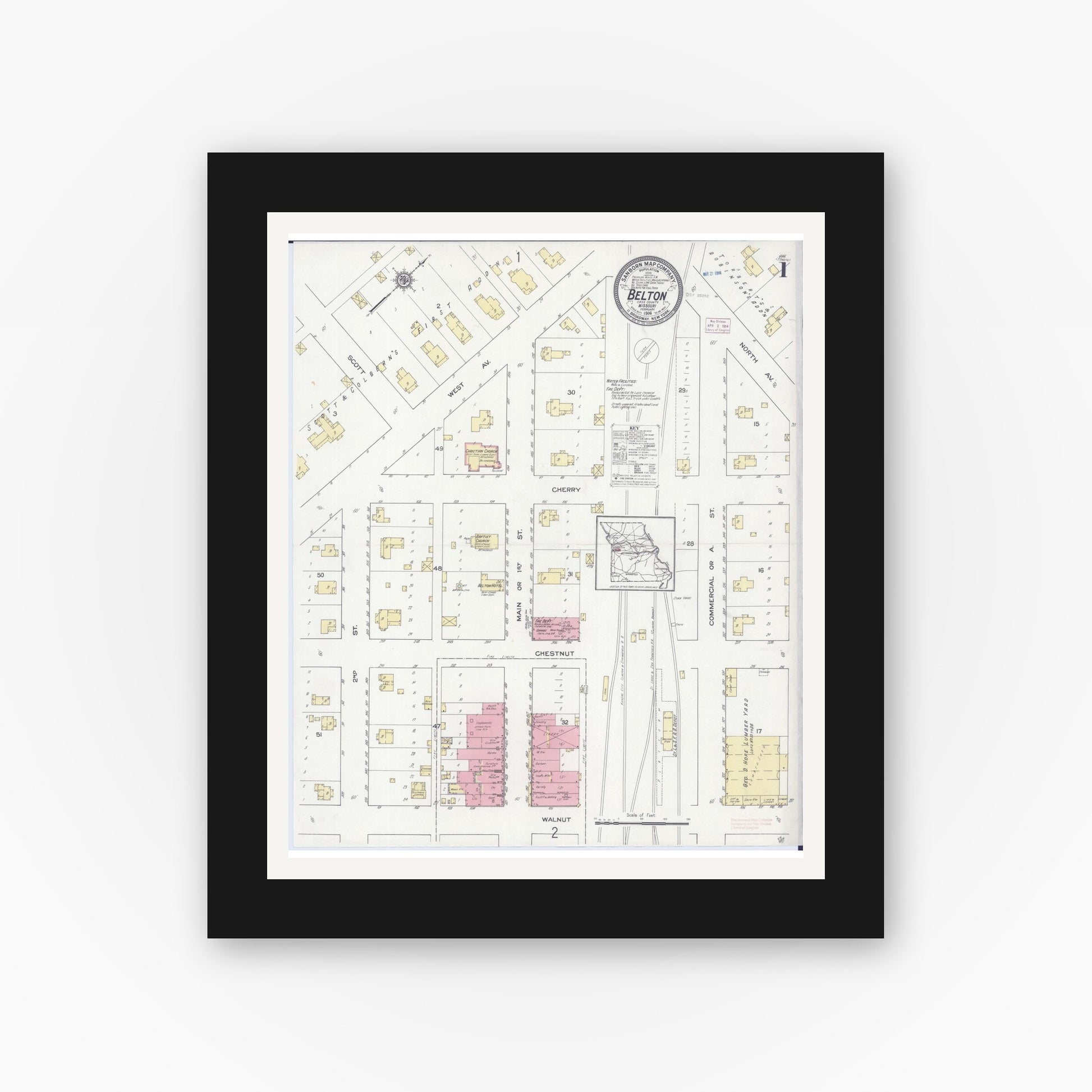 Old map wall art mockup — black gallery frame with white mat — Sanborn Fire Insurance Map from Belton, Cass County, Missouri (1914) - Complete Map Set