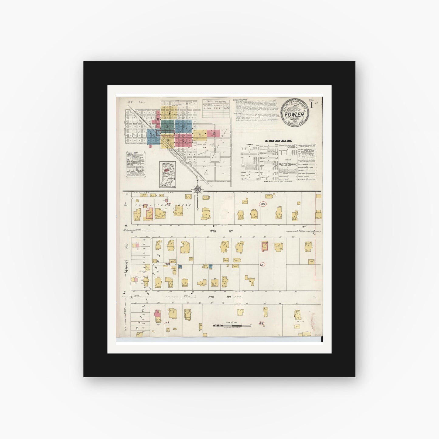 Old map wall art mockup — black gallery frame with white mat — Sanborn Fire Insurance Map from Fowler, Benton County, Indiana (1932) - Complete Map Set