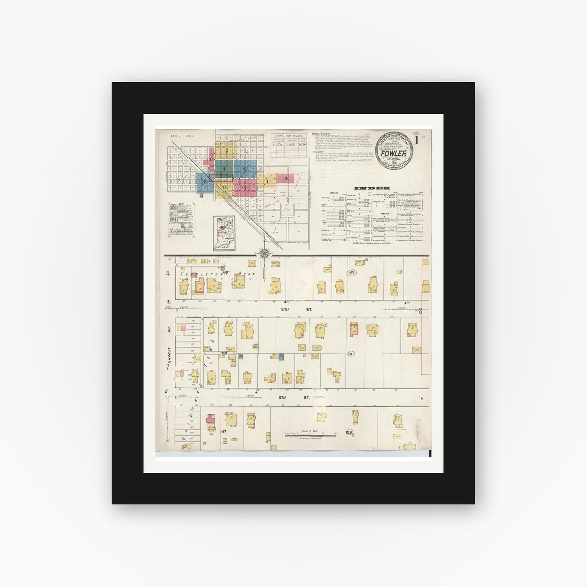 Old map wall art mockup — black gallery frame with white mat — Sanborn Fire Insurance Map from Fowler, Benton County, Indiana (1932) - Complete Map Set