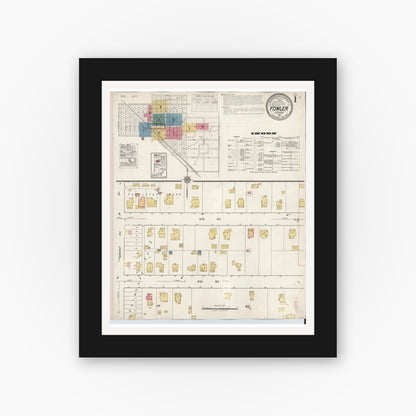 Old map wall art mockup — black gallery frame with white mat — Sanborn Fire Insurance Map from Fowler, Benton County, Indiana (1932) - Complete Map Set