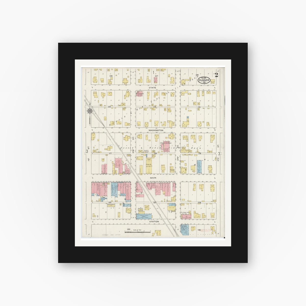 Old map wall art mockup — black gallery frame with white mat — Sanborn Fire Insurance Map from Dugger, Sullivan County, Indiana (1915), Sheet #0002