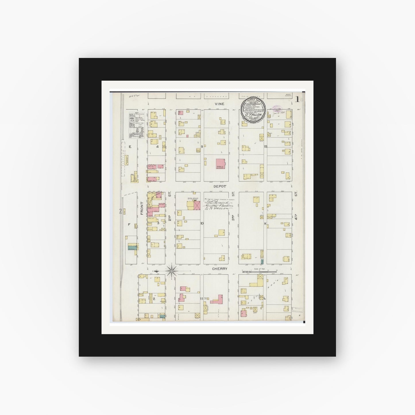 Old map wall art mockup — black gallery frame with white mat — Sanborn Fire Insurance Map from O'Fallon, Saint Clair County, Illinois (1893), Sheet #0001