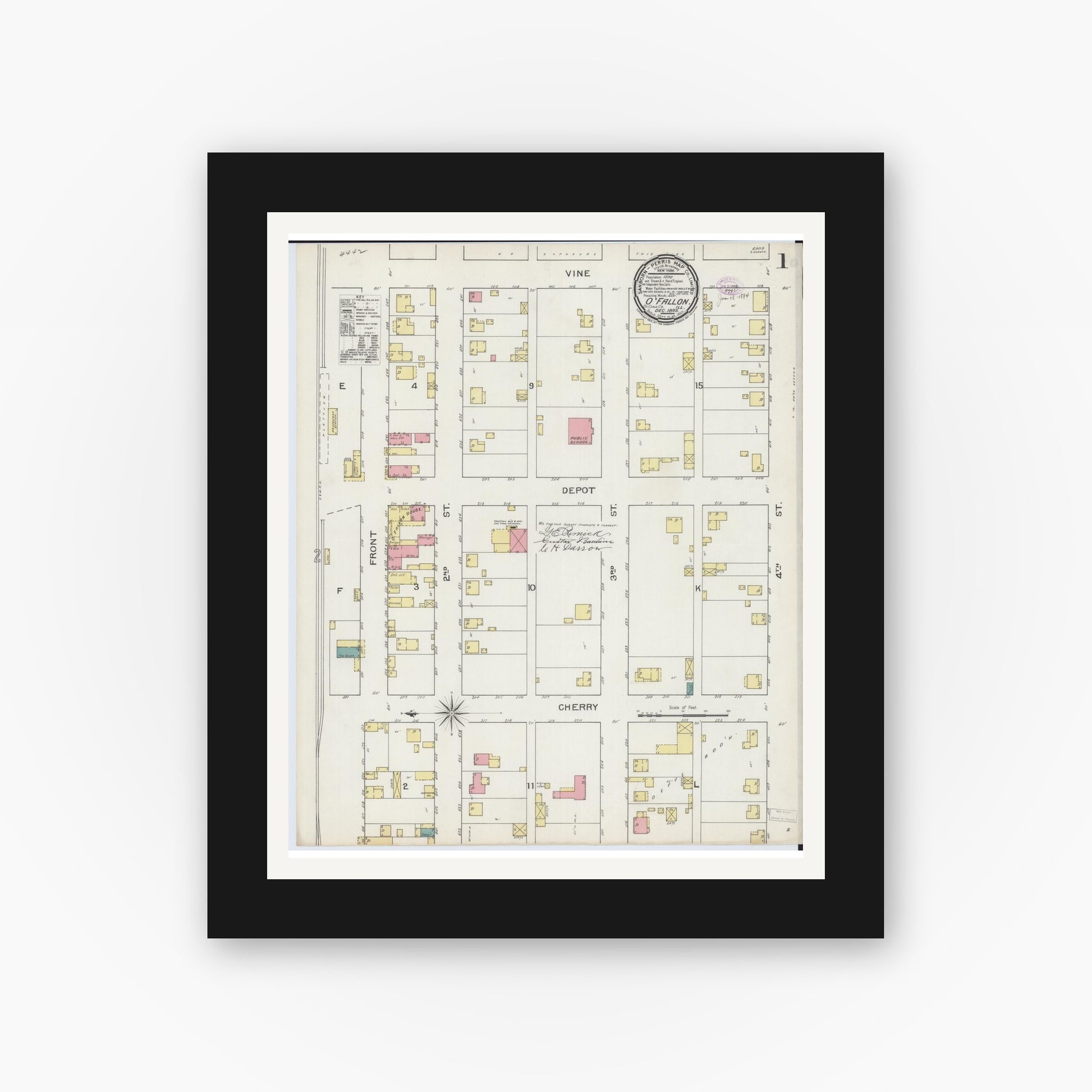Old map wall art mockup — black gallery frame with white mat — Sanborn Fire Insurance Map from O'Fallon, Saint Clair County, Illinois (1893), Sheet #0001