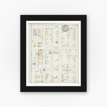 Old map wall art mockup — black gallery frame with white mat — Sanborn Fire Insurance Map from O'Fallon, Saint Clair County, Illinois (1893), Sheet #0001