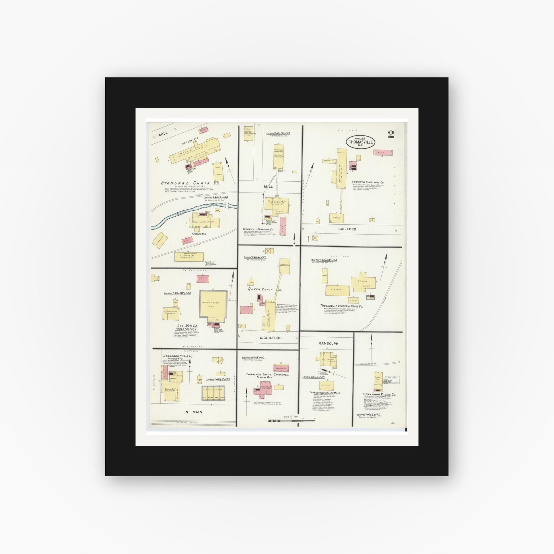 Old map wall art mockup — black gallery frame with white mat — Sanborn Fire Insurance Map from Thomasville, Davidson County, North Carolina (1908), Sheet #0002