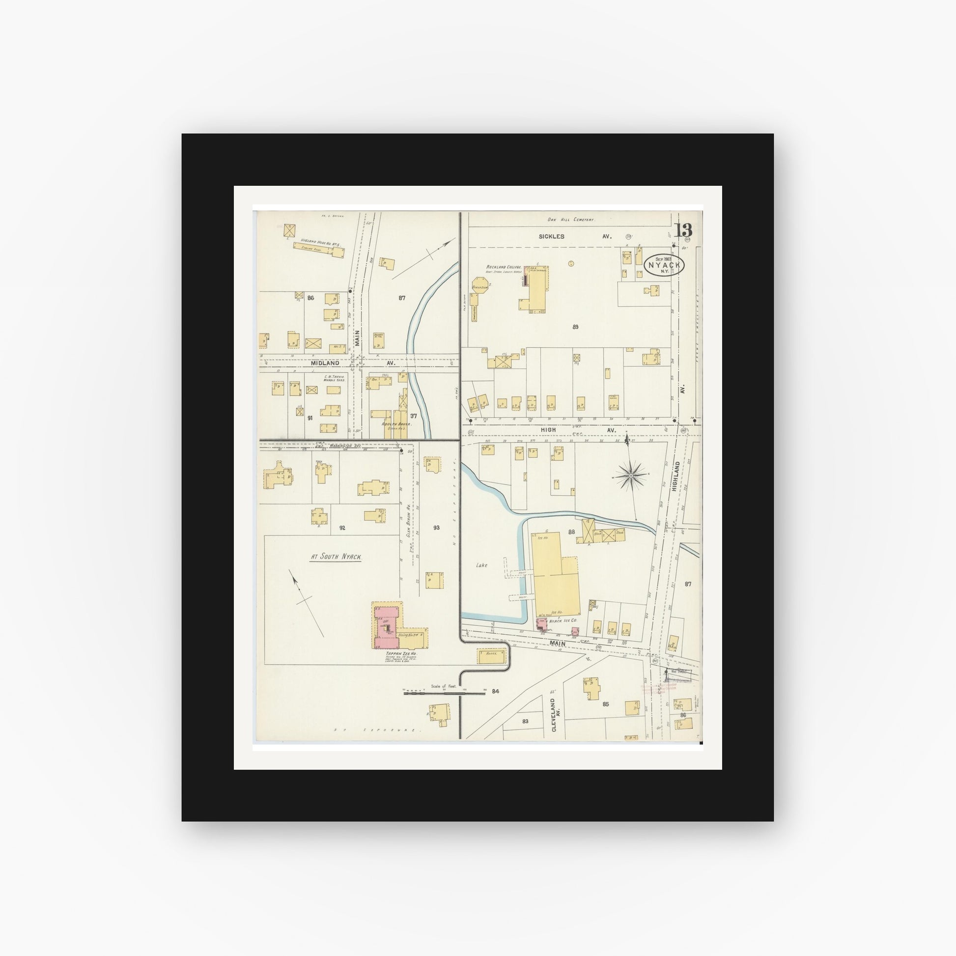 Old map wall art mockup — black gallery frame with white mat — Sanborn Fire Insurance Map from Nyack, Rockland County, New York. (1903), Sheet #0013