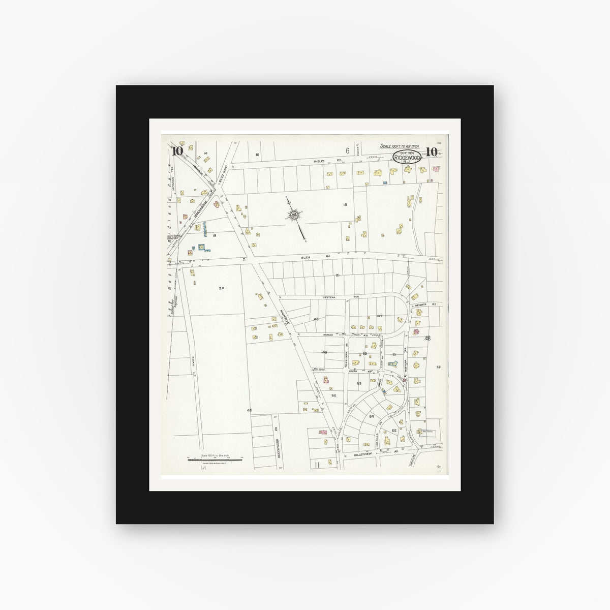 Old map wall art mockup — black gallery frame with white mat — Sanborn Fire Insurance Map from Ridgewood, Bergen County, New Jersey (1924), Sheet #0010
