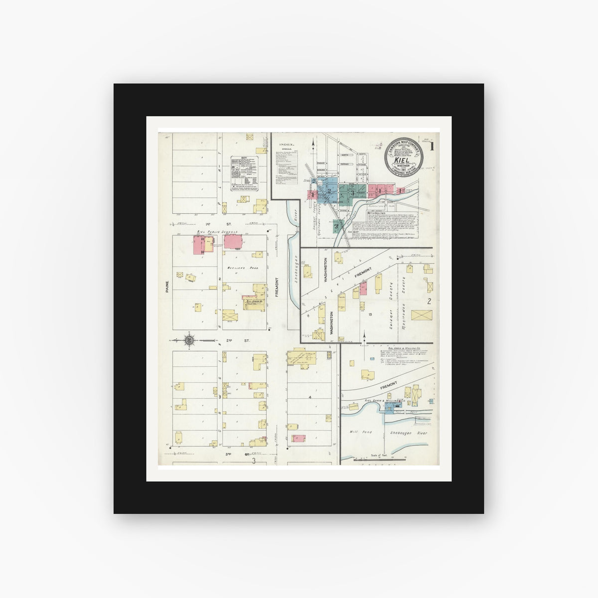 Old map wall art mockup — black gallery frame with white mat — Sanborn Fire Insurance Map from Kiel, Manitowoc and Calumet Counties, Wisconsin (1911) - Complete Map Set