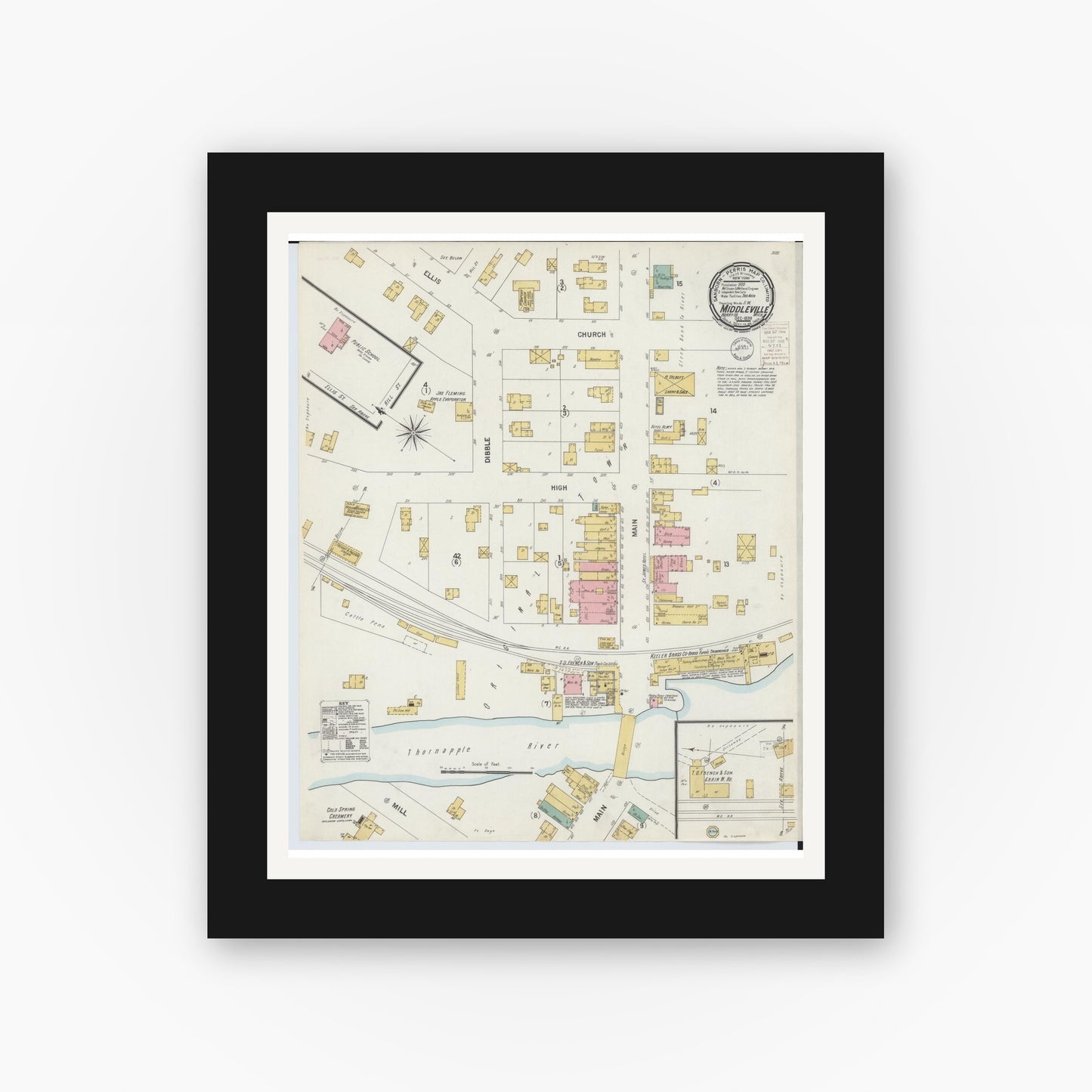 Old map wall art mockup — black gallery frame with white mat — Sanborn Fire Insurance Map from Middleville, Barry County, Michigan (1899), Sheet #0001