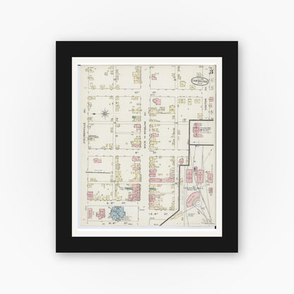 Old map wall art mockup — black gallery frame with white mat — Sanborn Fire Insurance Map from Cambridge, Guernsey County, Ohio (1886), Sheet #0003